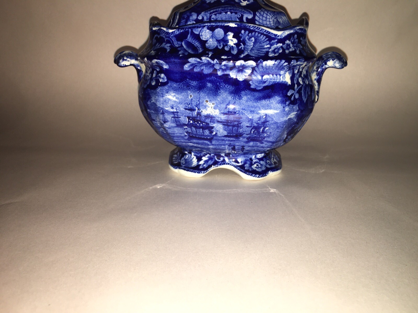 LA3 Historical Staffordshire Dark Blue Sugar Bowl Macdonoughs Victory Ca. 1825