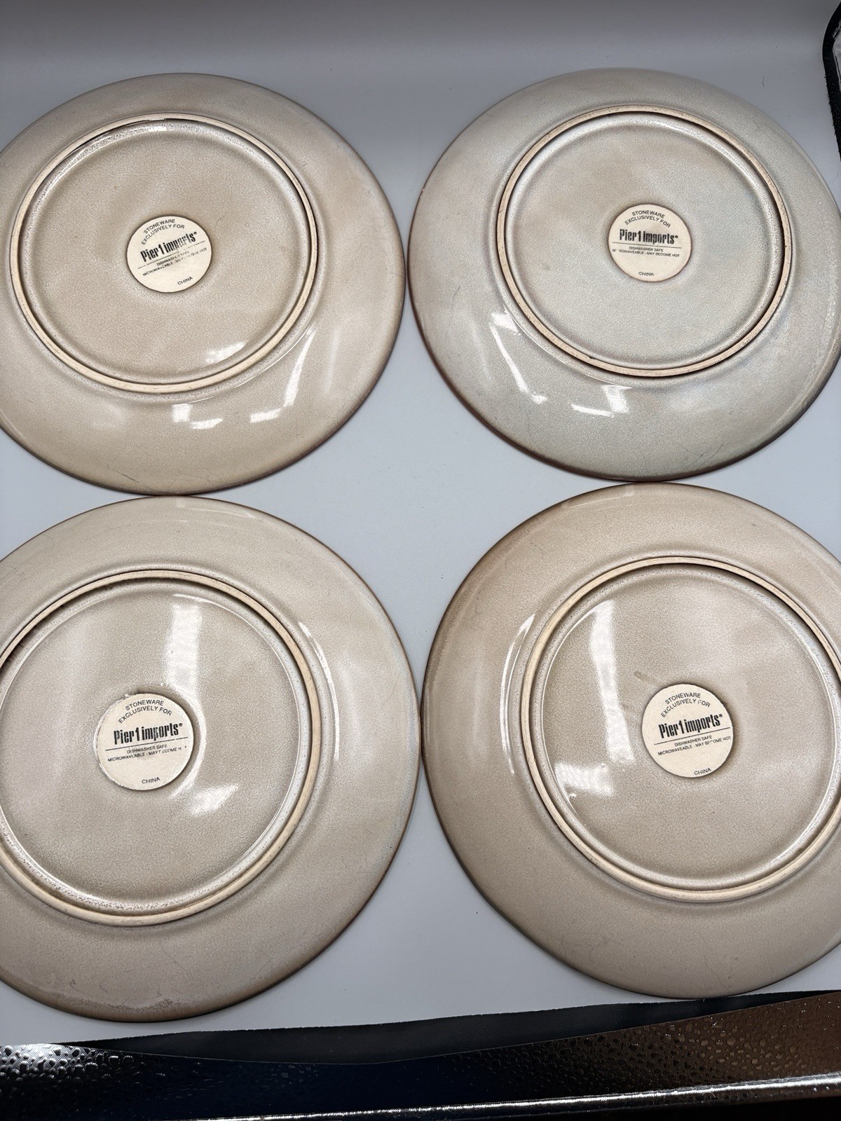 Pier 1 Stoneware Salad Plates Beige Brown Geo Embossed 8.5″ Lot Of 4