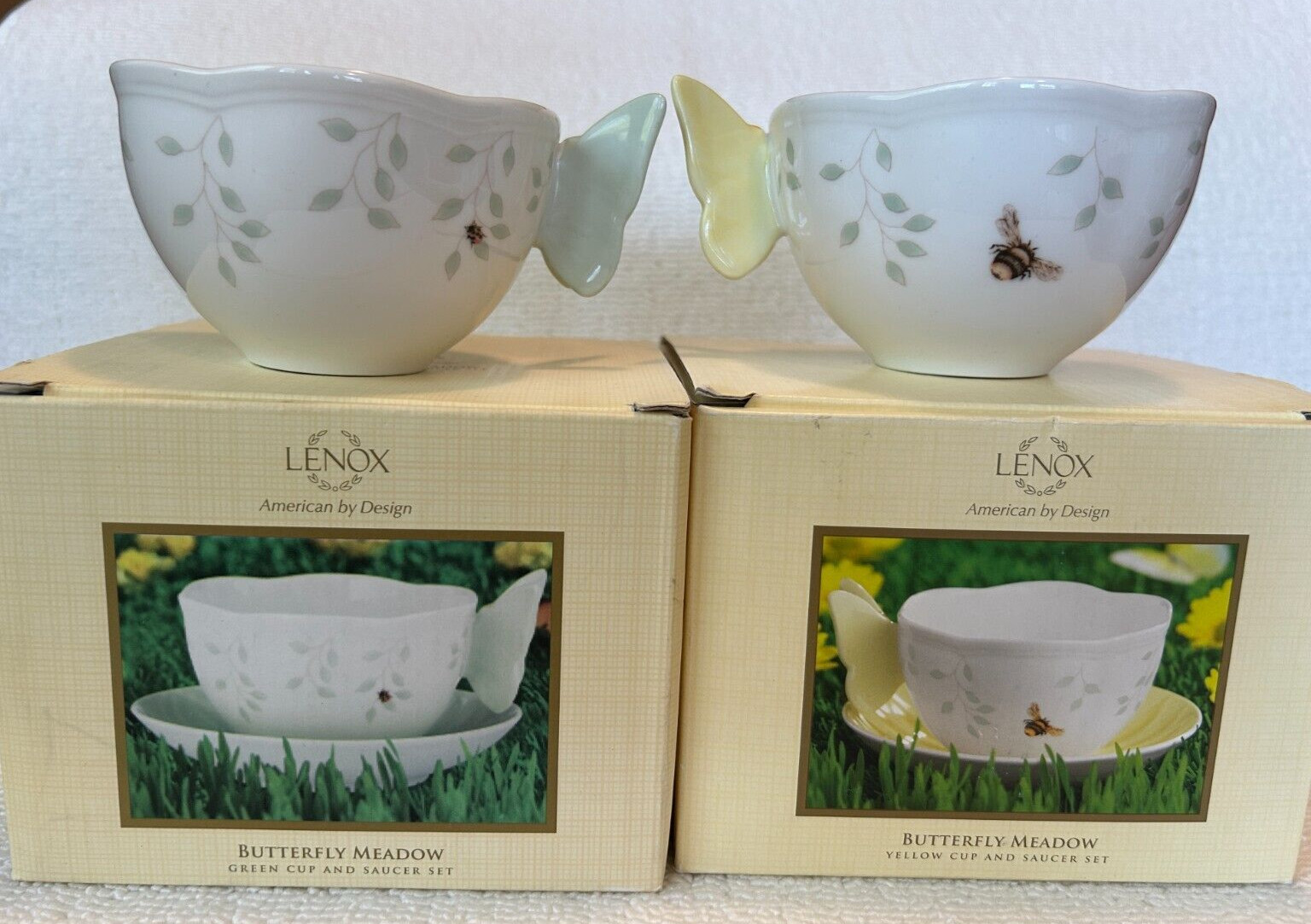 (2) Lenox Teacup Butterfly Meadow Handle Coffee Cup Mug w/ a Bumble Bee