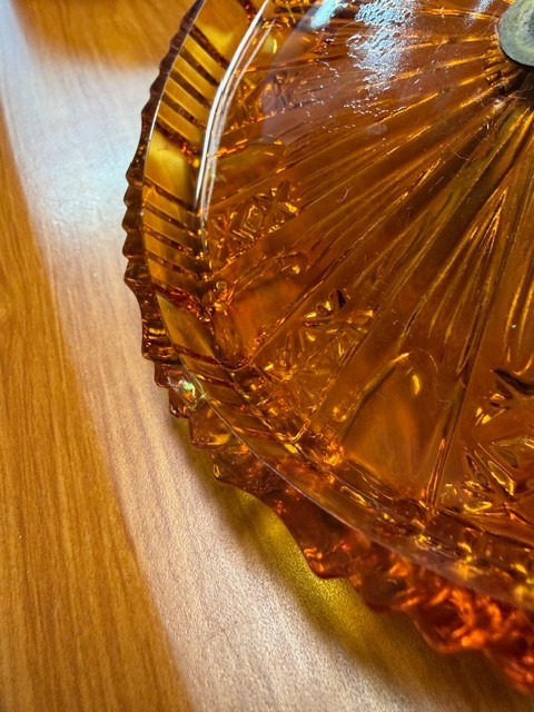 Vintage MCM Indiana Glass Amber Divided Candy Dish Metal Acorn Finial Heavy EUC