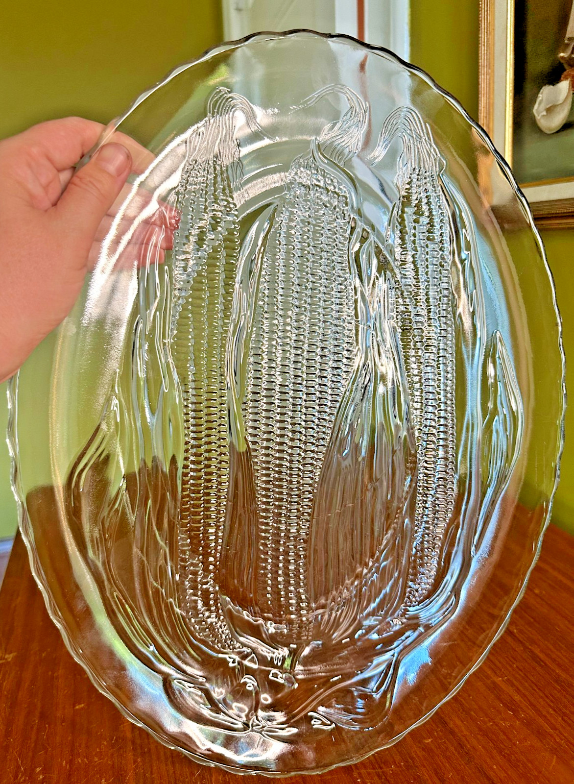 Vintage Clear Glass Serving Platter Embossed Corn Pattern With Scalloped Rims
