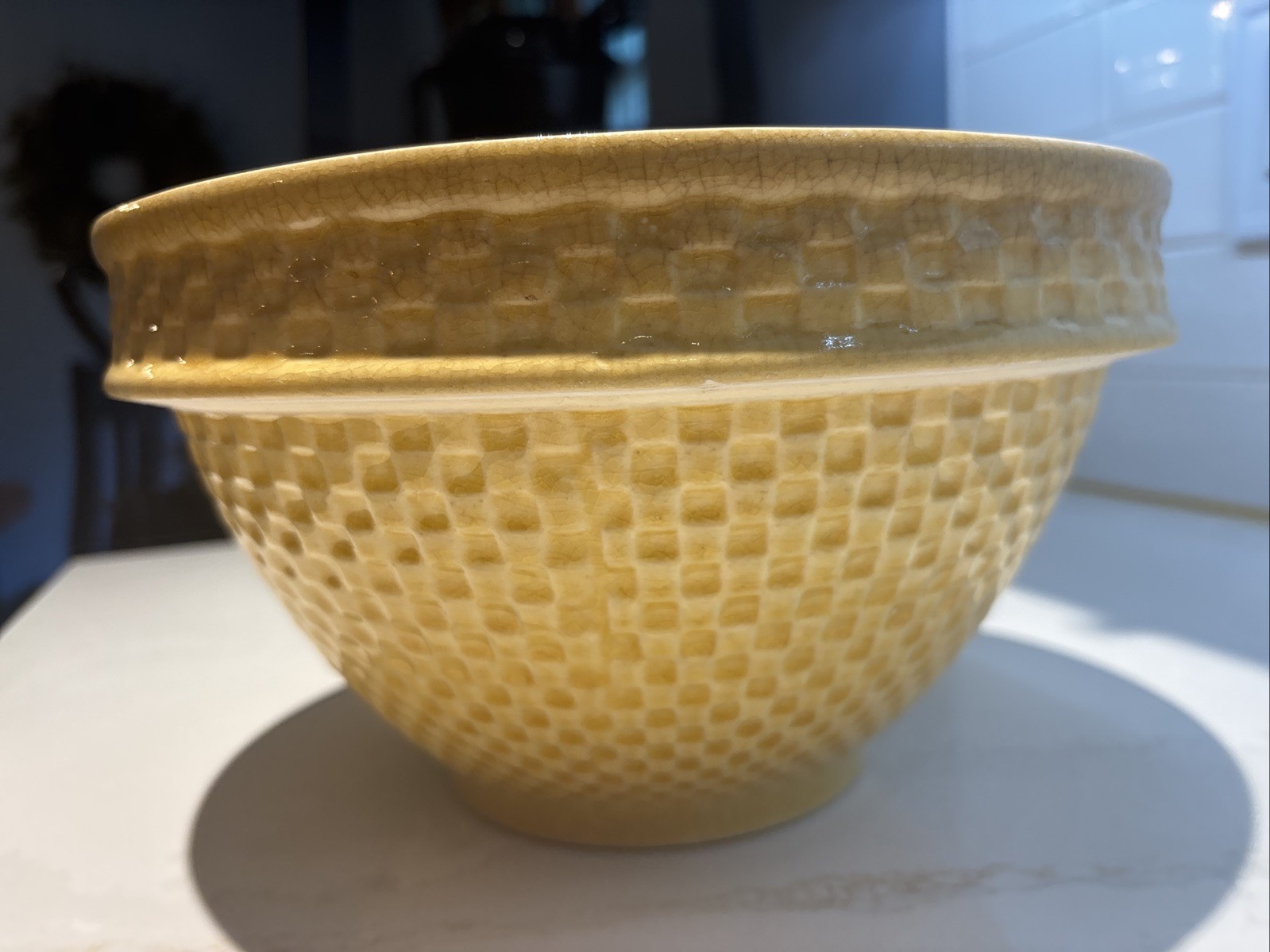 Antique Rare McCoy Yellow Ware Pottery 10.25 Inch Checkerboard Large Mixing Bowl