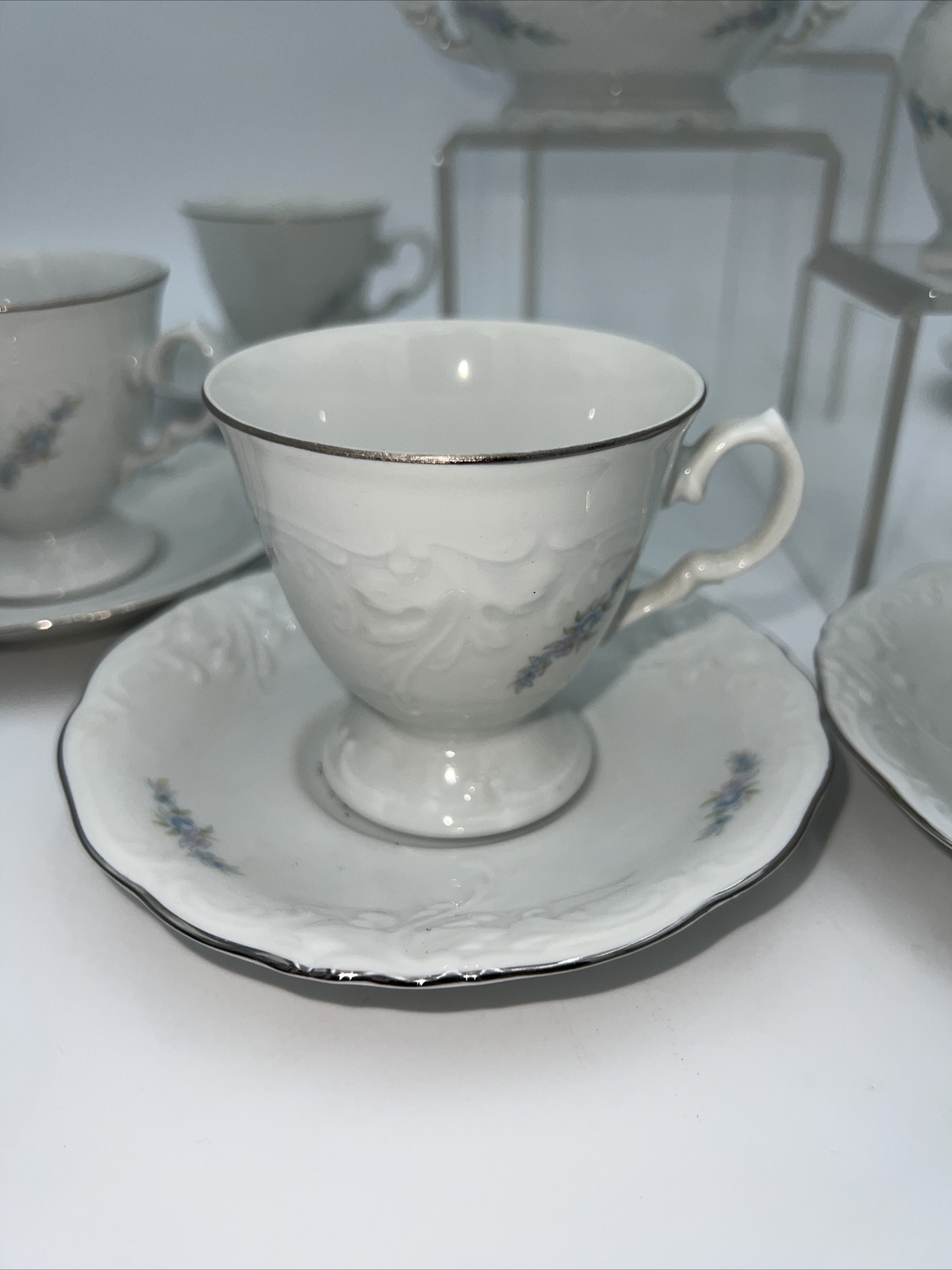 15 pc Vtg Wawel China Set made in Poland Purple Floral Cup Saucers Cream Sugar