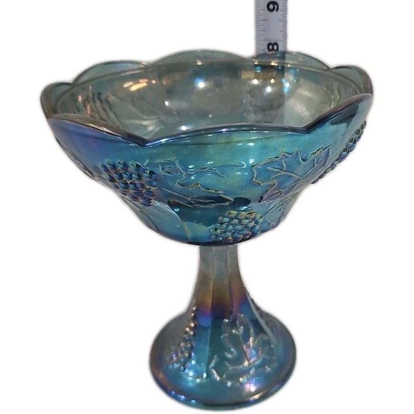 Vtg Iridescent Blue Carnival Glass Candy Dish Pedestal Bowl Grape Indiana 8″
