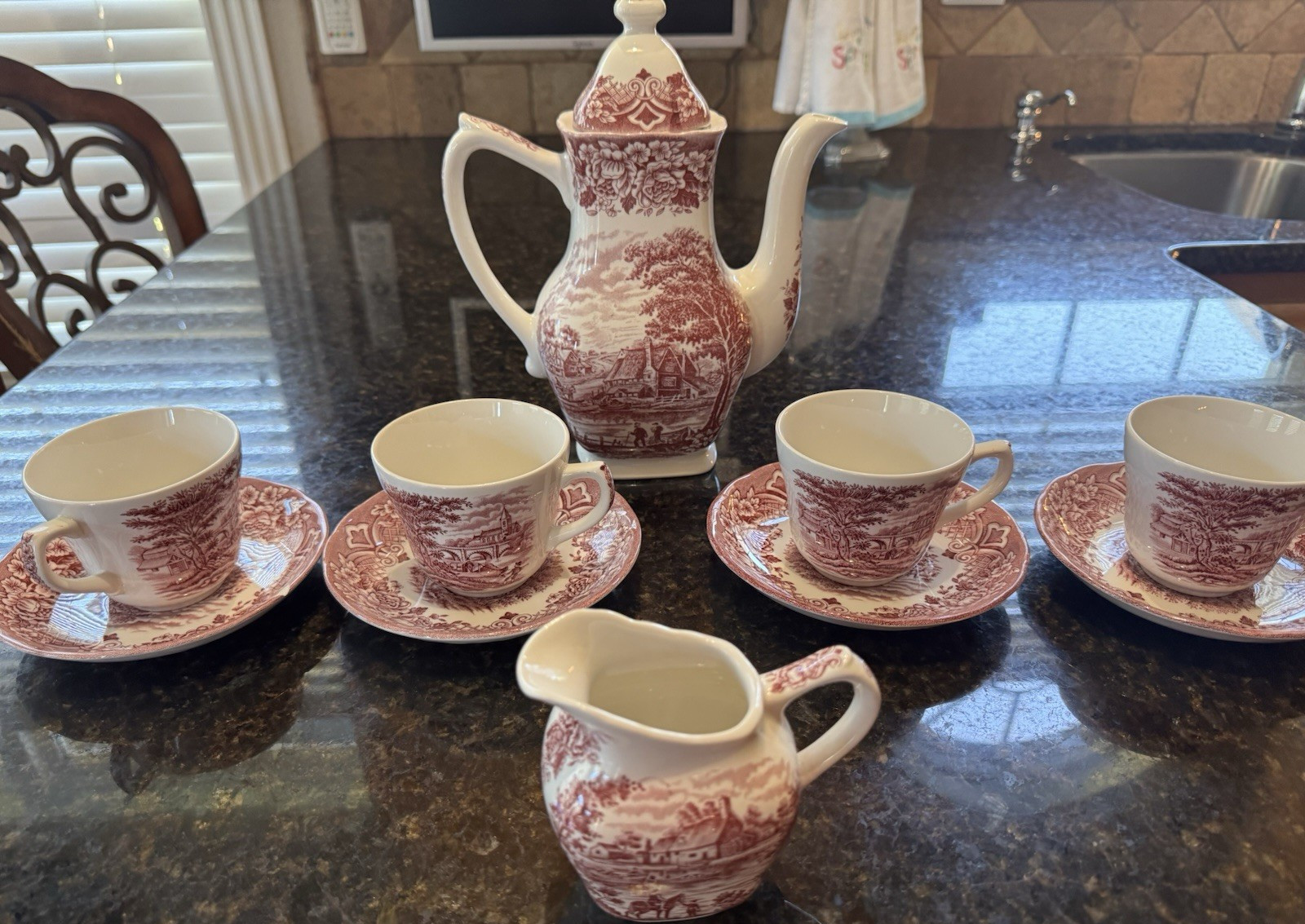Grindley Homeland Pink Transferware Tea Set w/ Creamer, Cups, Saucers