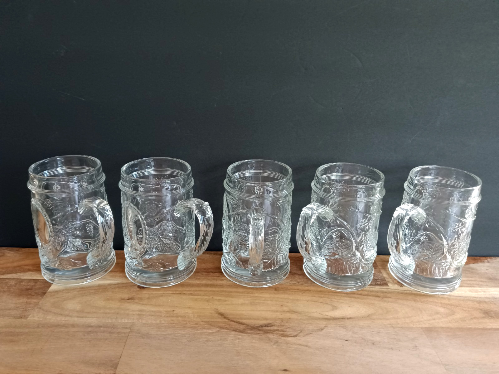 Vintage Grapevine Pressed Glass Beer Mugs Set of 5 Clear Heavy Glass Steins