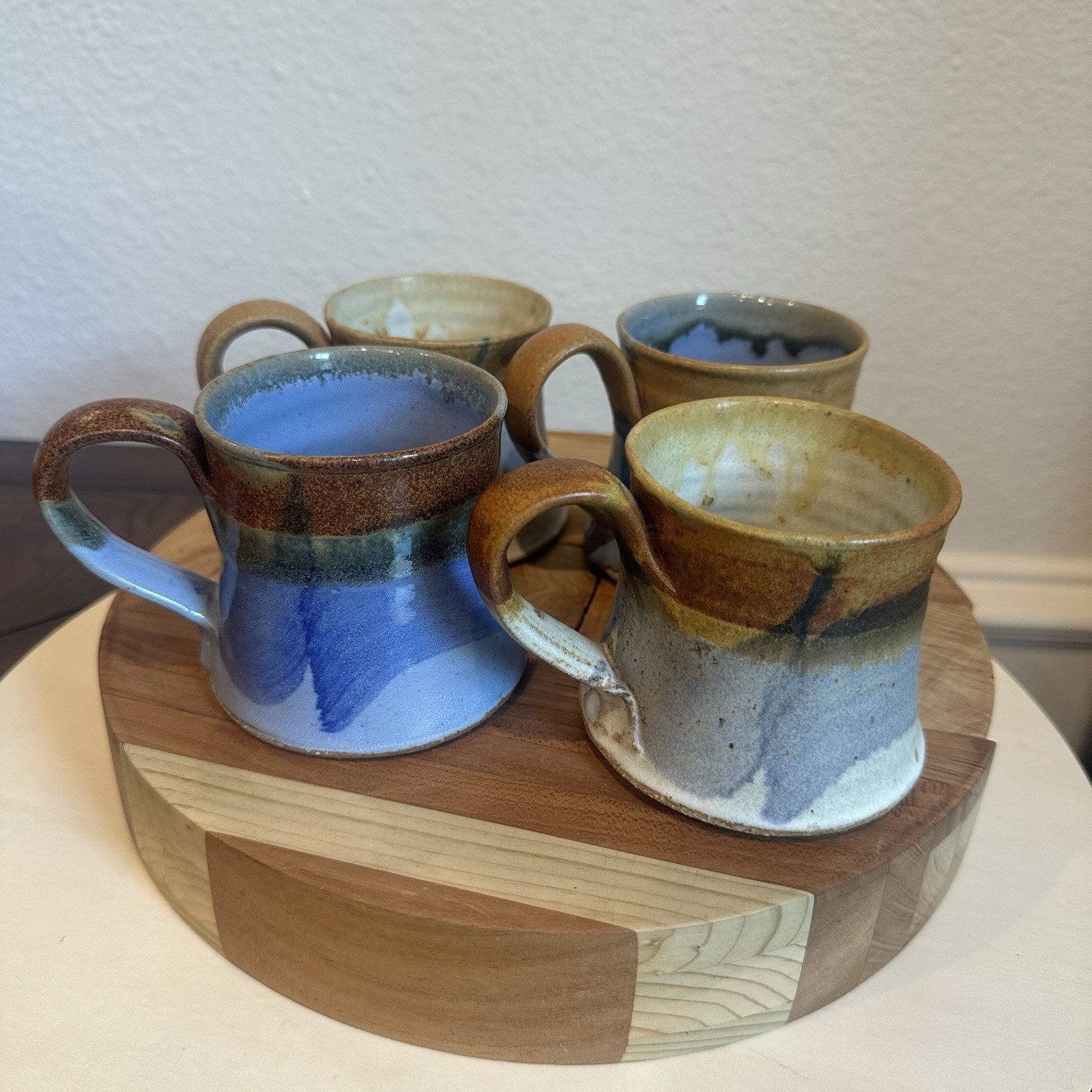 Studio Art Pottery Mugs Set 4 Signed KH Blue Beige Brown Hand Thrown Drip Glaze