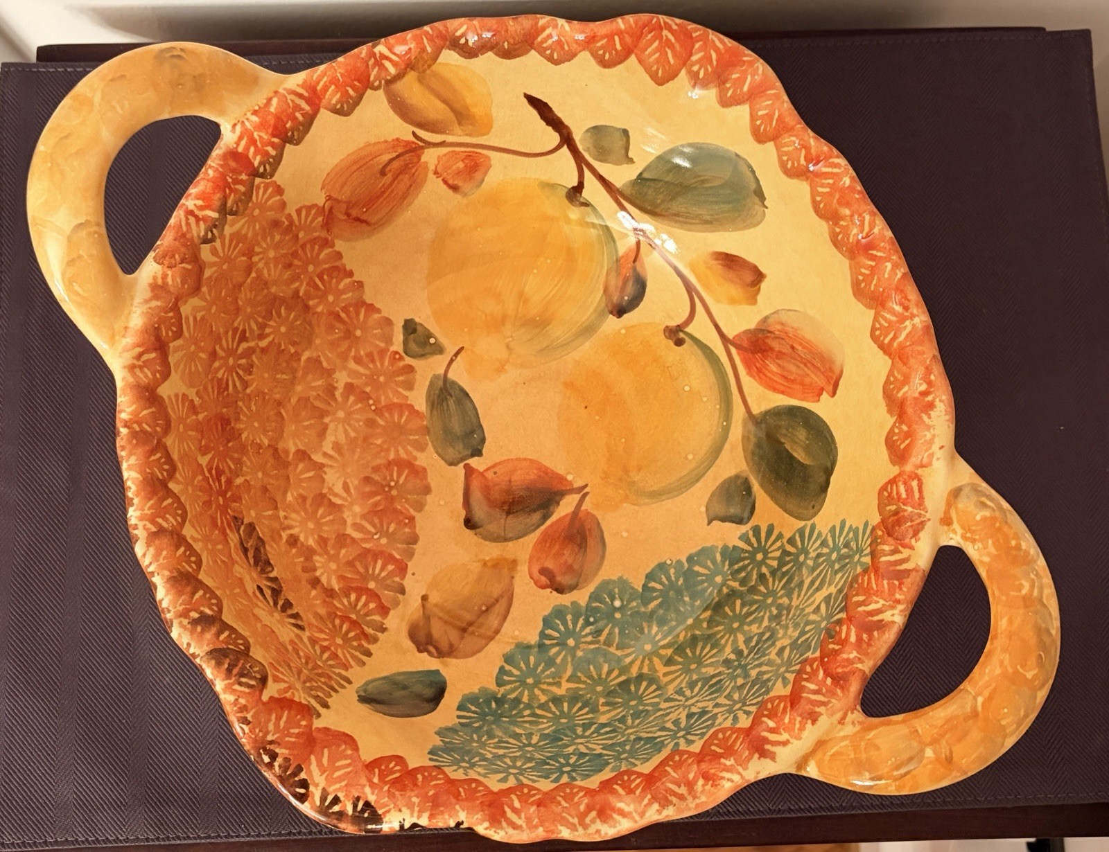 Vintage Italian Hand Painted Majolica Centerpiece Fruit Bowl Double Handle 14”