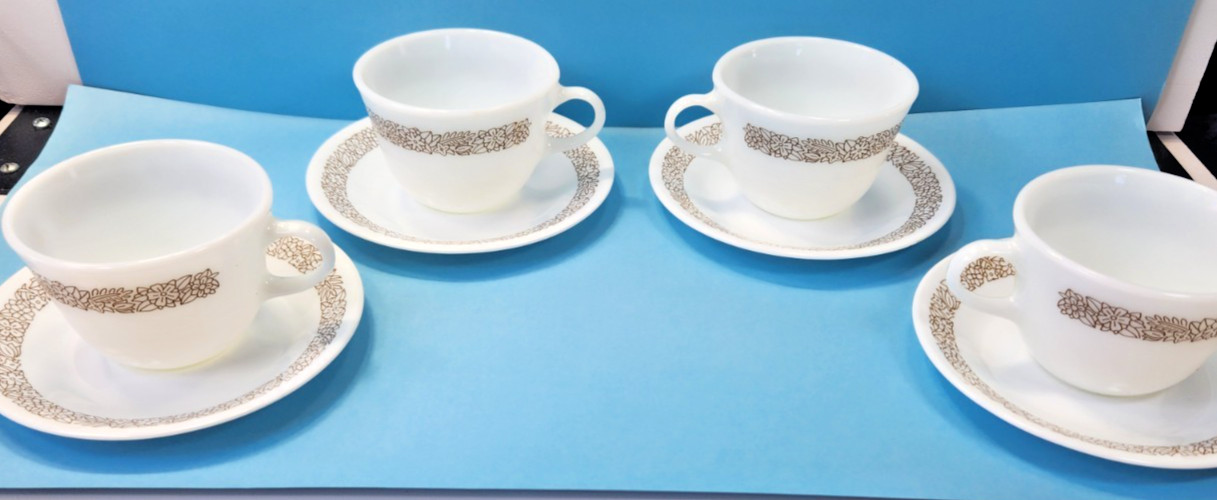 CORELLE WOODLAND BROWN SET OF 4 TEA CUPS AND SAUCERS PYREX MADE IN USA