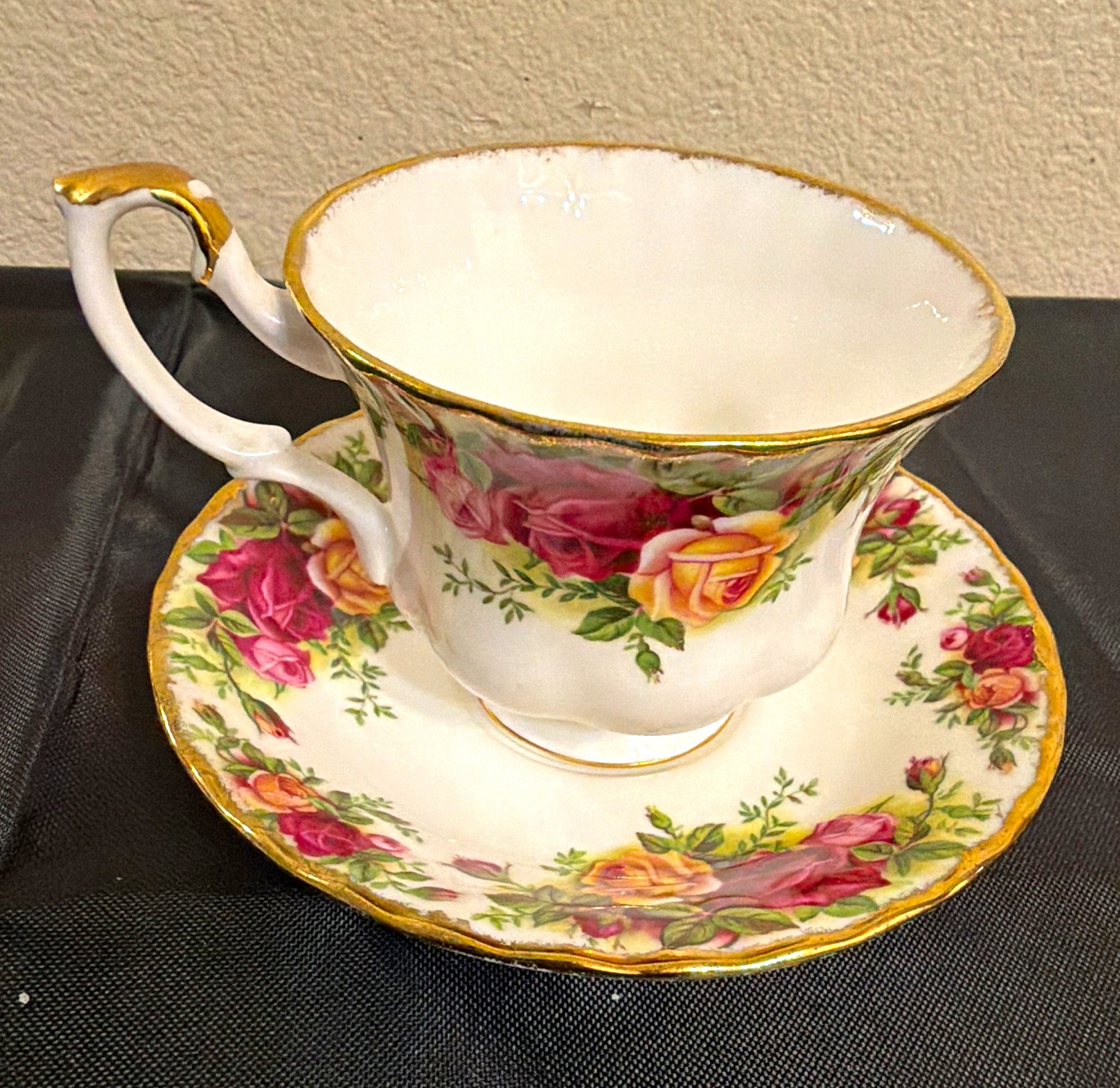 Floral Rose Tea Cup & Saucer Set, White Pink Green, Gold Trim, Ceramic