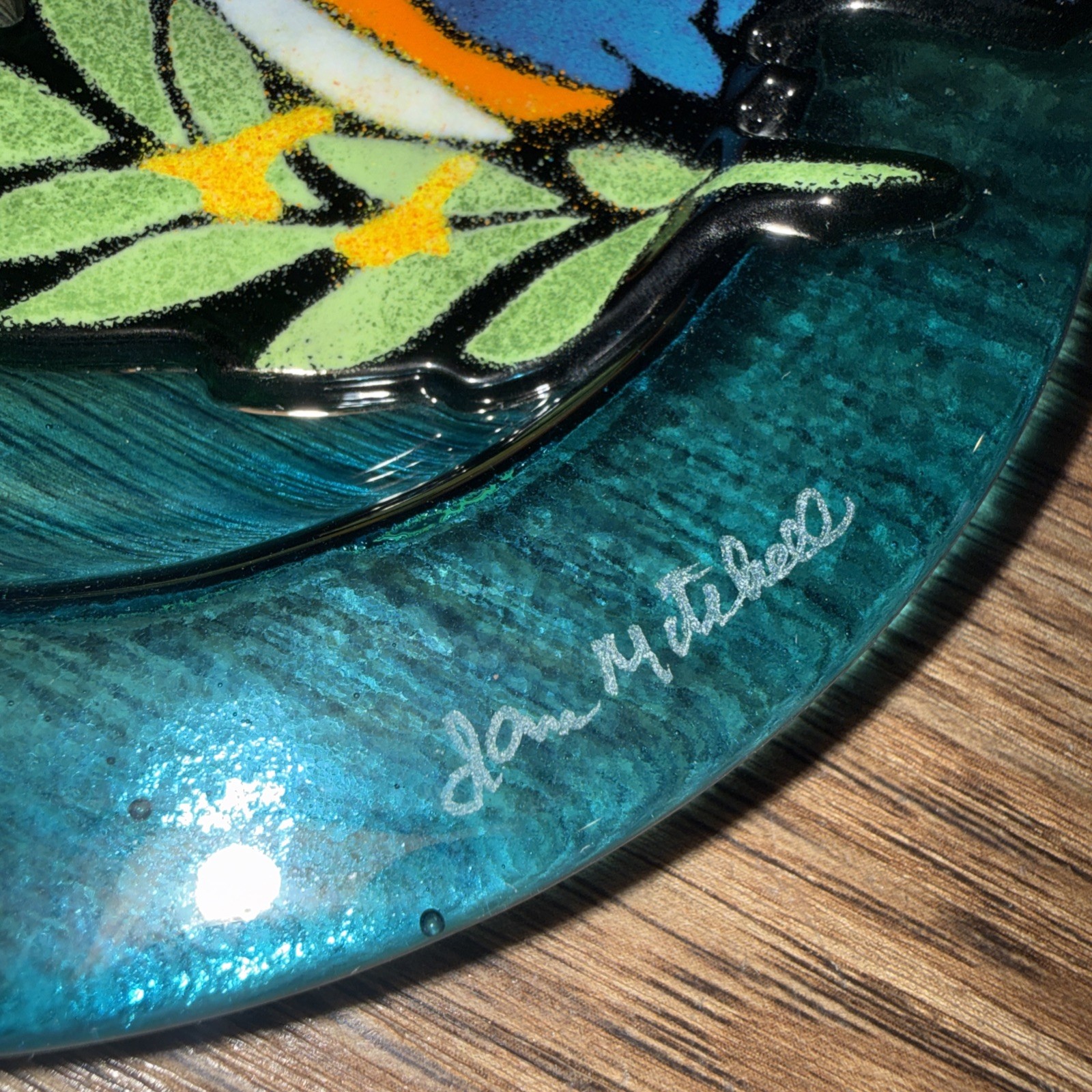 Fused Glass Blue-Green Plate w/ Blue-Orange Bird JAN R. MITCHELL Virgin Island