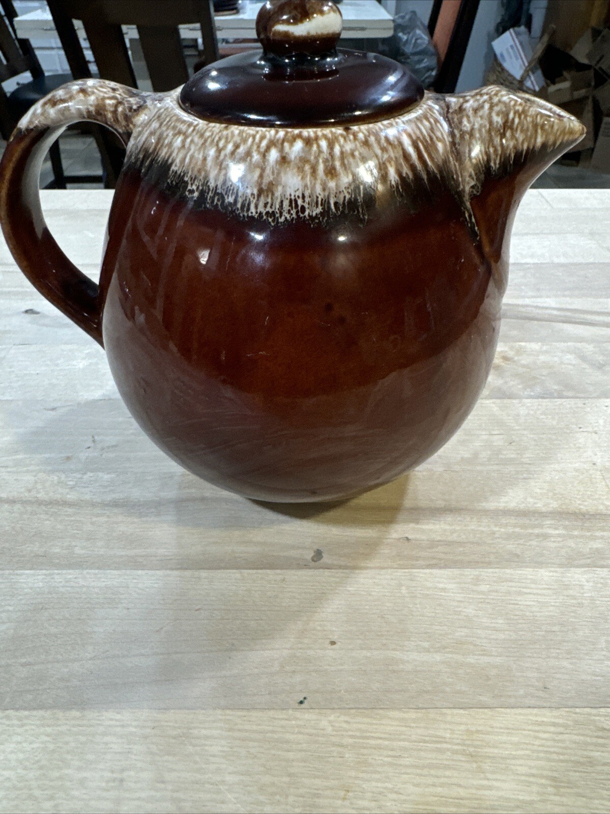 Vintage Hull Pottery Brown Drip Ball Shaped Tea Pot & Lid Oven Proof USA