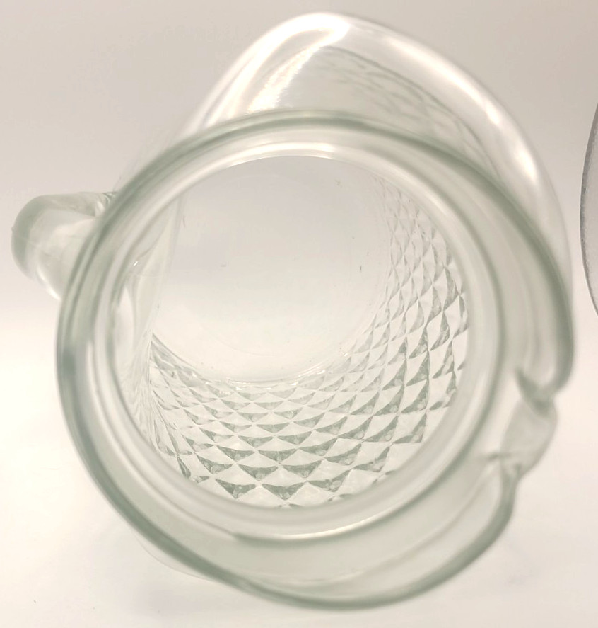Vintage Clear Glass Pitcher Mid-Century Diamond Pattern Clear Recessed Handle