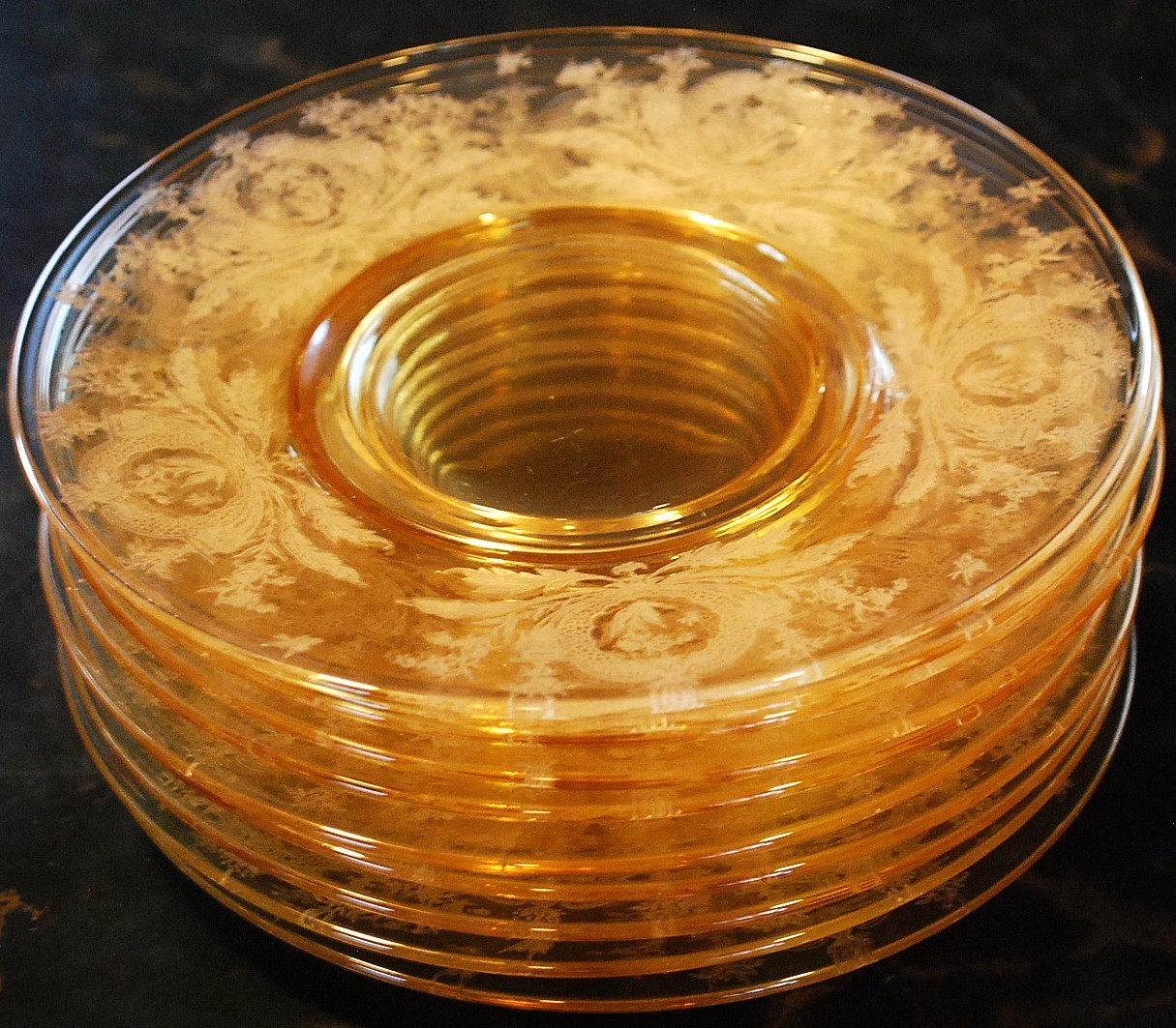 Vtg Set 10 LA FLEURE YELLOW 7.25″ Glass Lunch Plates Deco 1920 TIFFIN FRANCISCAN