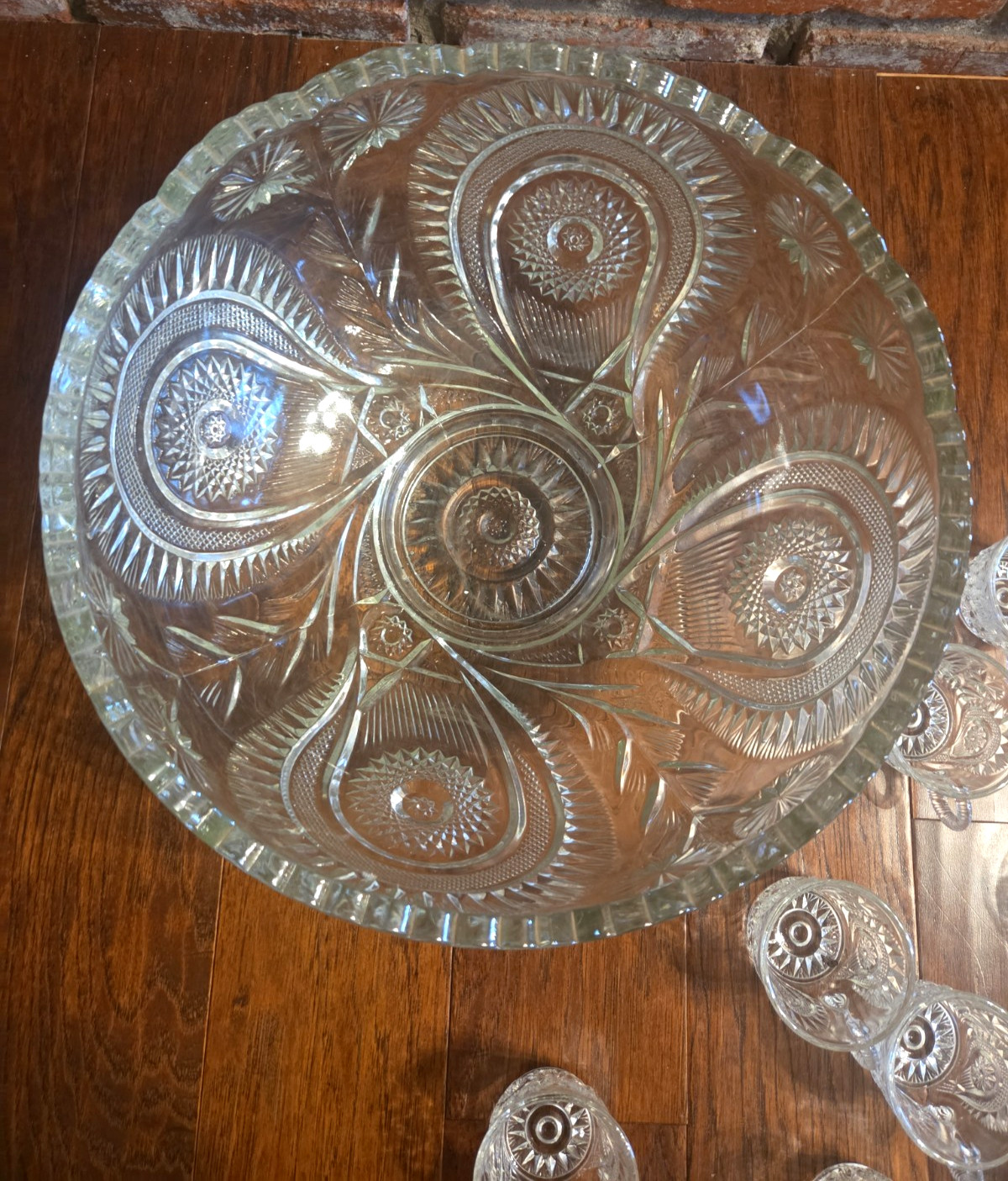 Vintage LE Smith Pinwheel & Stars Punch Bowl + 10 cups Set EUC clear glass Large