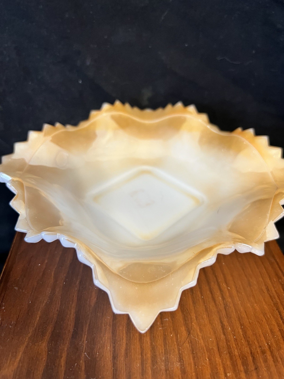 Vintage Indiana Milk Glass Peach Luster Ruffle Edge Diamond Cut Square Dish