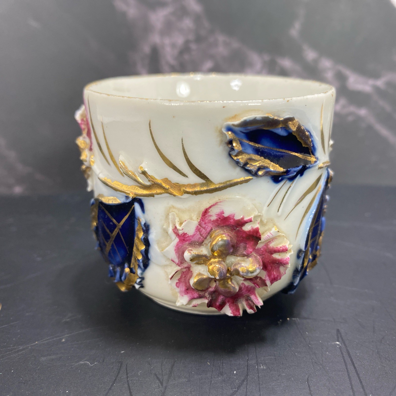 Antique Germany cobalt blue white gold rust Demitasse Cup applied Flowers Leaves