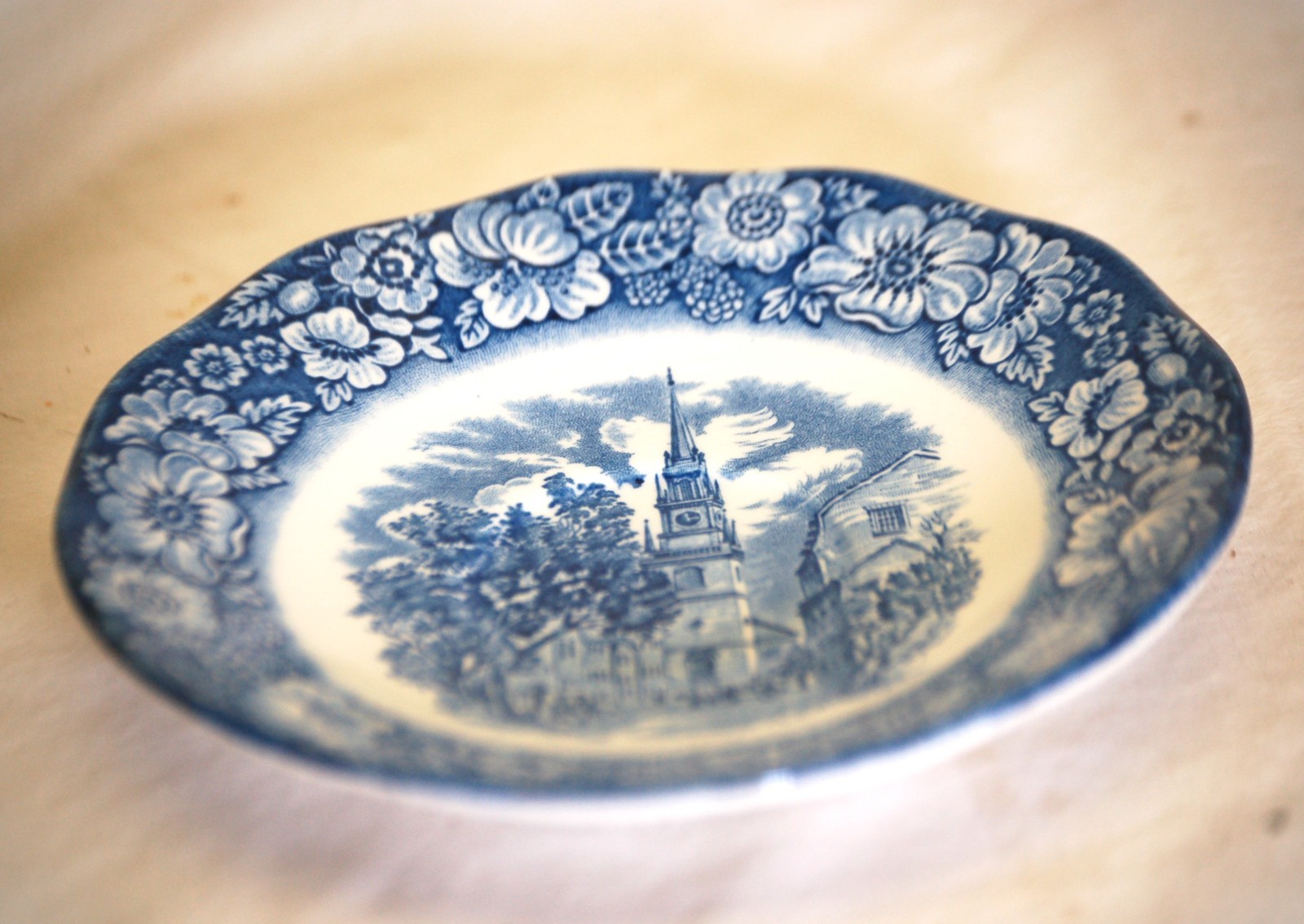 Liberty Blue Staffordshire Saucer Blue & White Floral Rim Scenes in Center