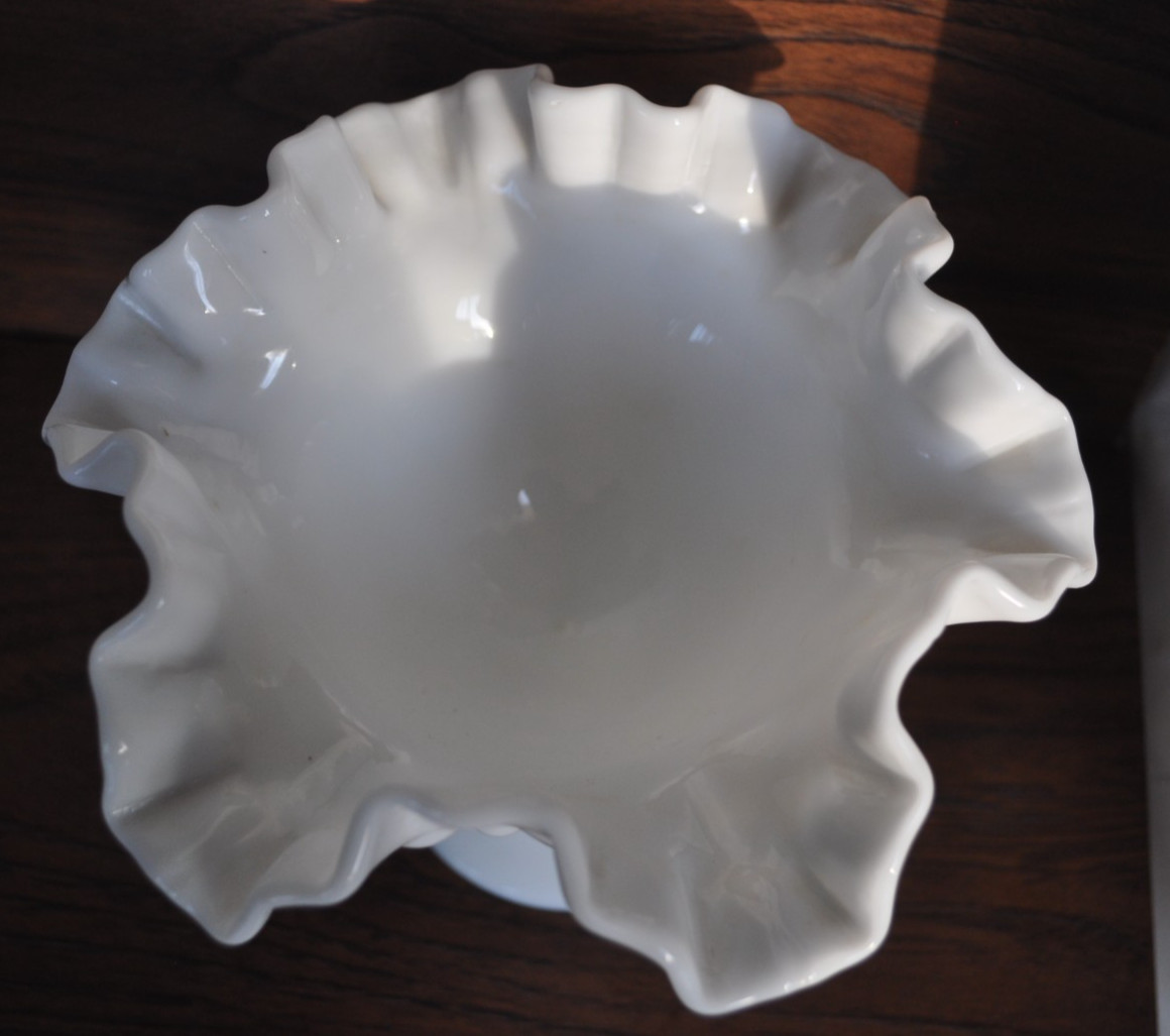 HOBNAIL MILK GLASS RUFFLED PEDESTAL BOWL 5 1/2 INCHES TALL