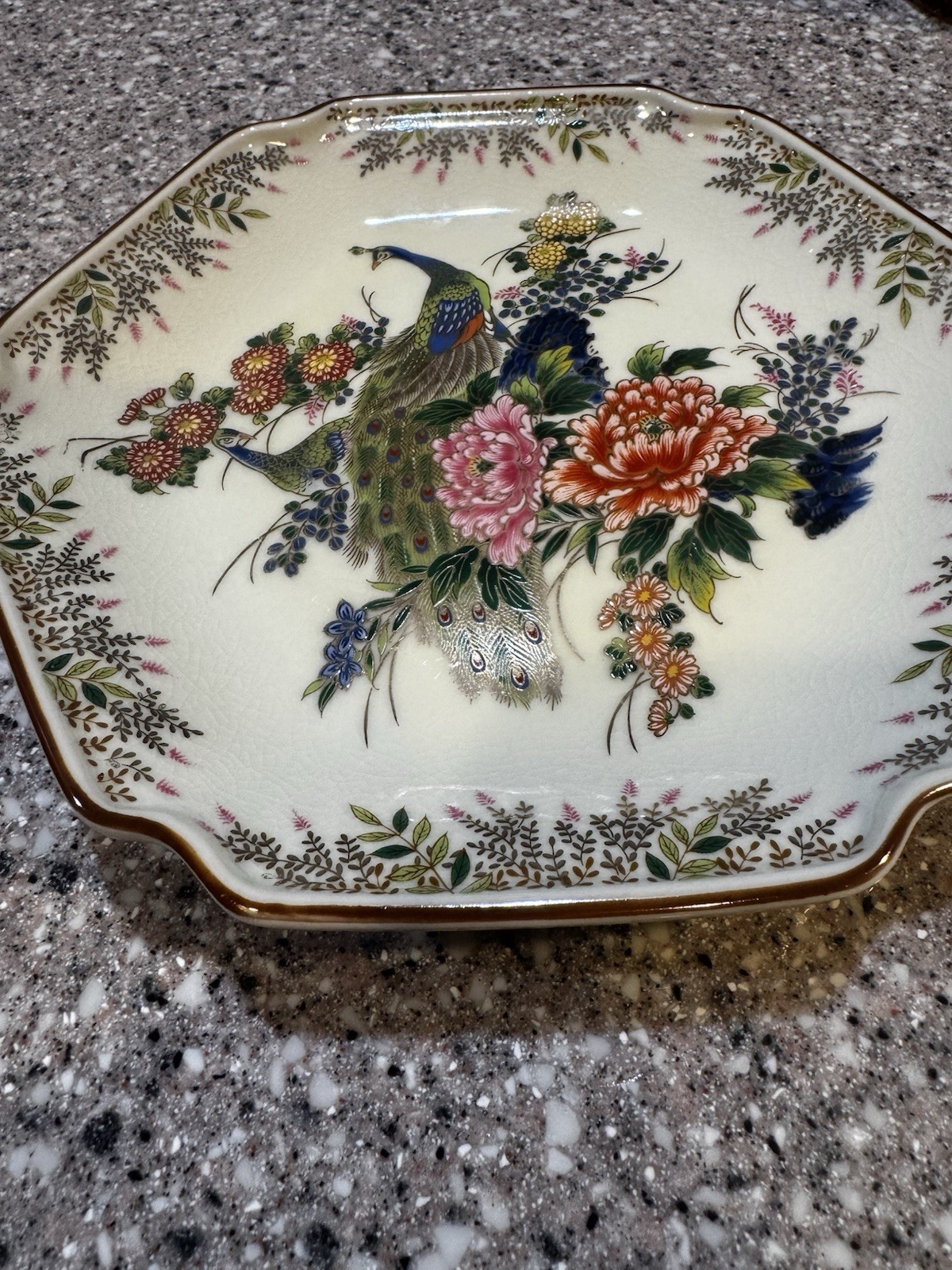 Vintage Hexagonal Plate PEACOCK Bird Floral Flower JAPAN Gold Trim 7.5″