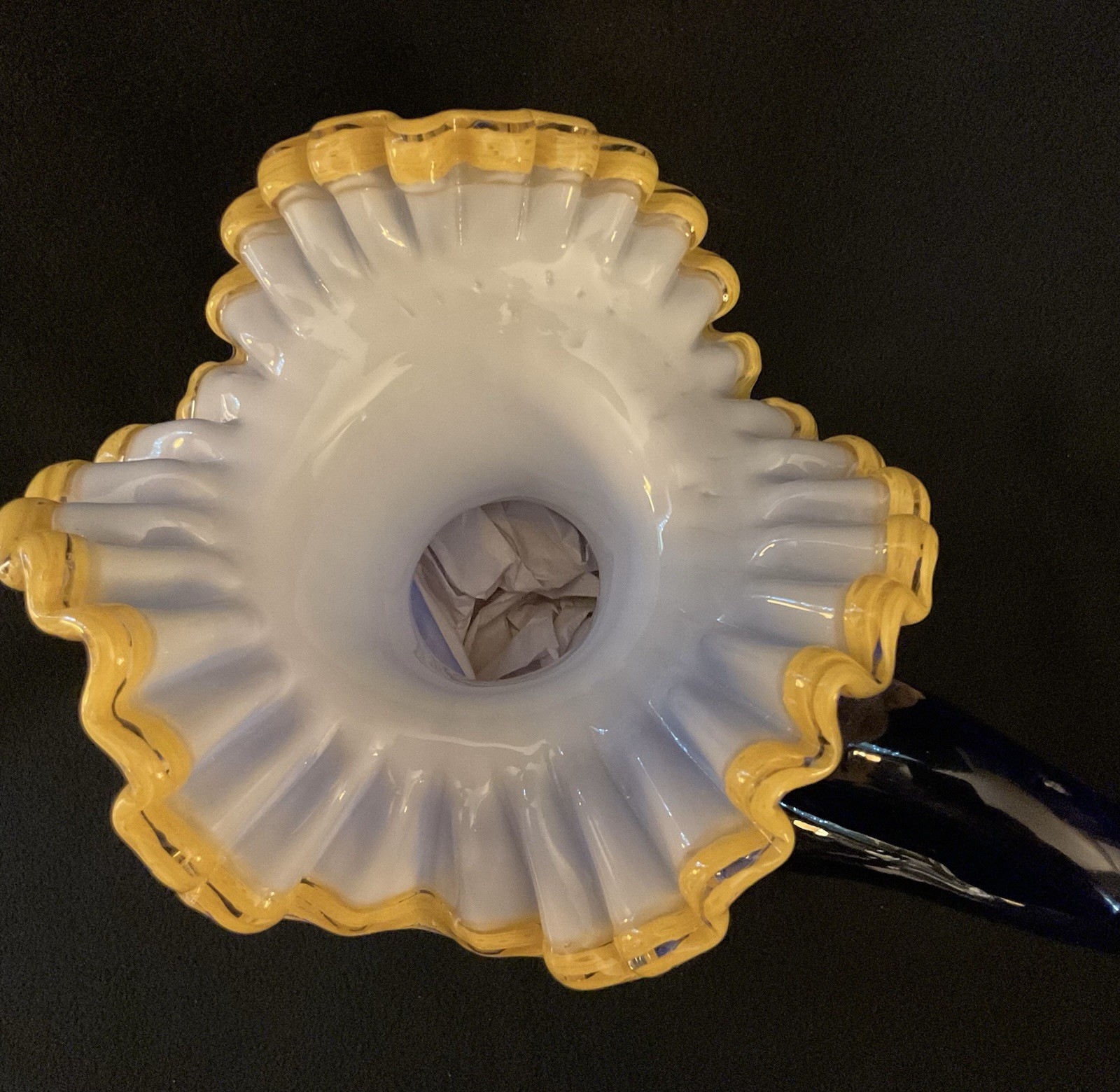 2 MCM Arte Murano Kristall Mery Cobalt Blue Pitcher W/Yellow Ruffled Rim 8.5