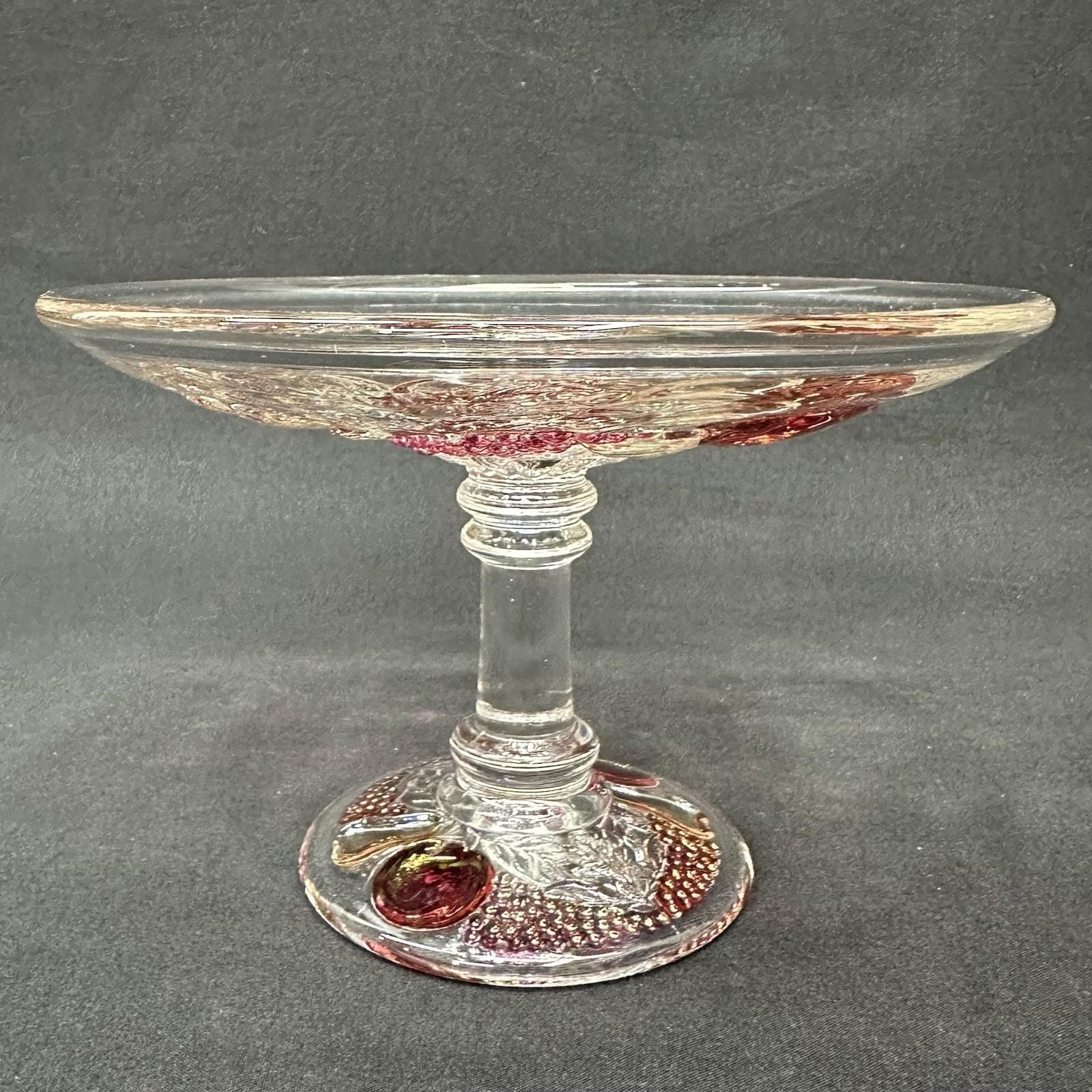 Westmoreland Della Robbia 6″ Ruby Flashed Glass Compote w/Embossed Fruit Vintage