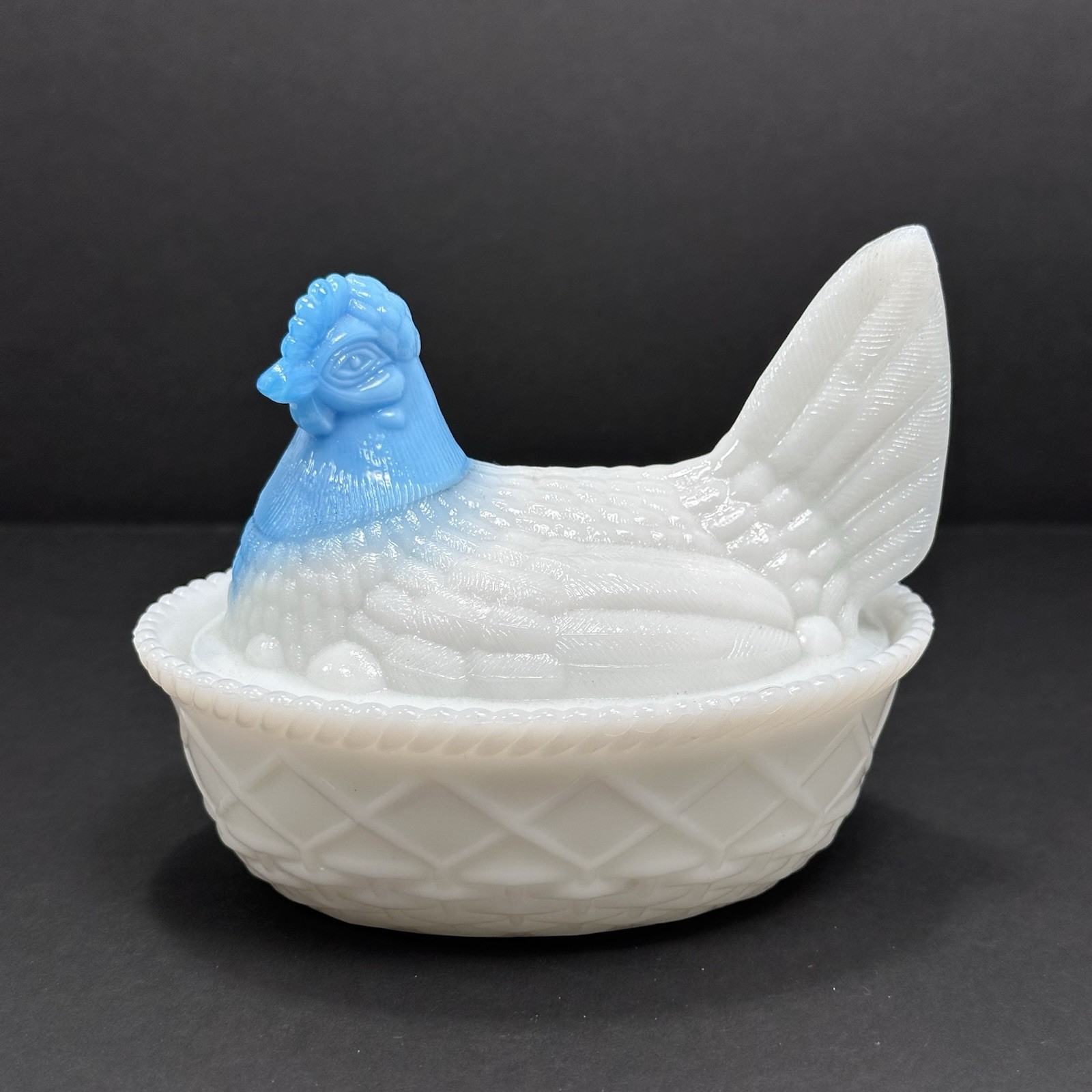 Westmoreland Hen on Nest Milk Glass Blue Slag Head 5.25″ x 4″ Vintage