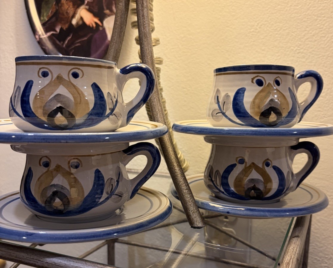 Set of 4 Ulmer Keramik Vintage Stoneware Cup & Saucers Germany Blue Gray Tan