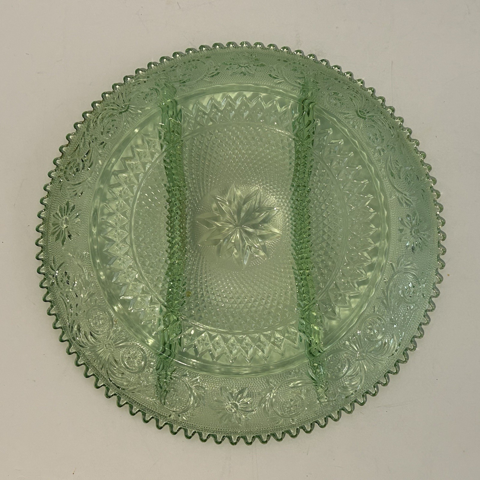 Green Indiana Glass Tiara Divided Relish Serving Plate Platter 12″ Saw Tooth Vtg