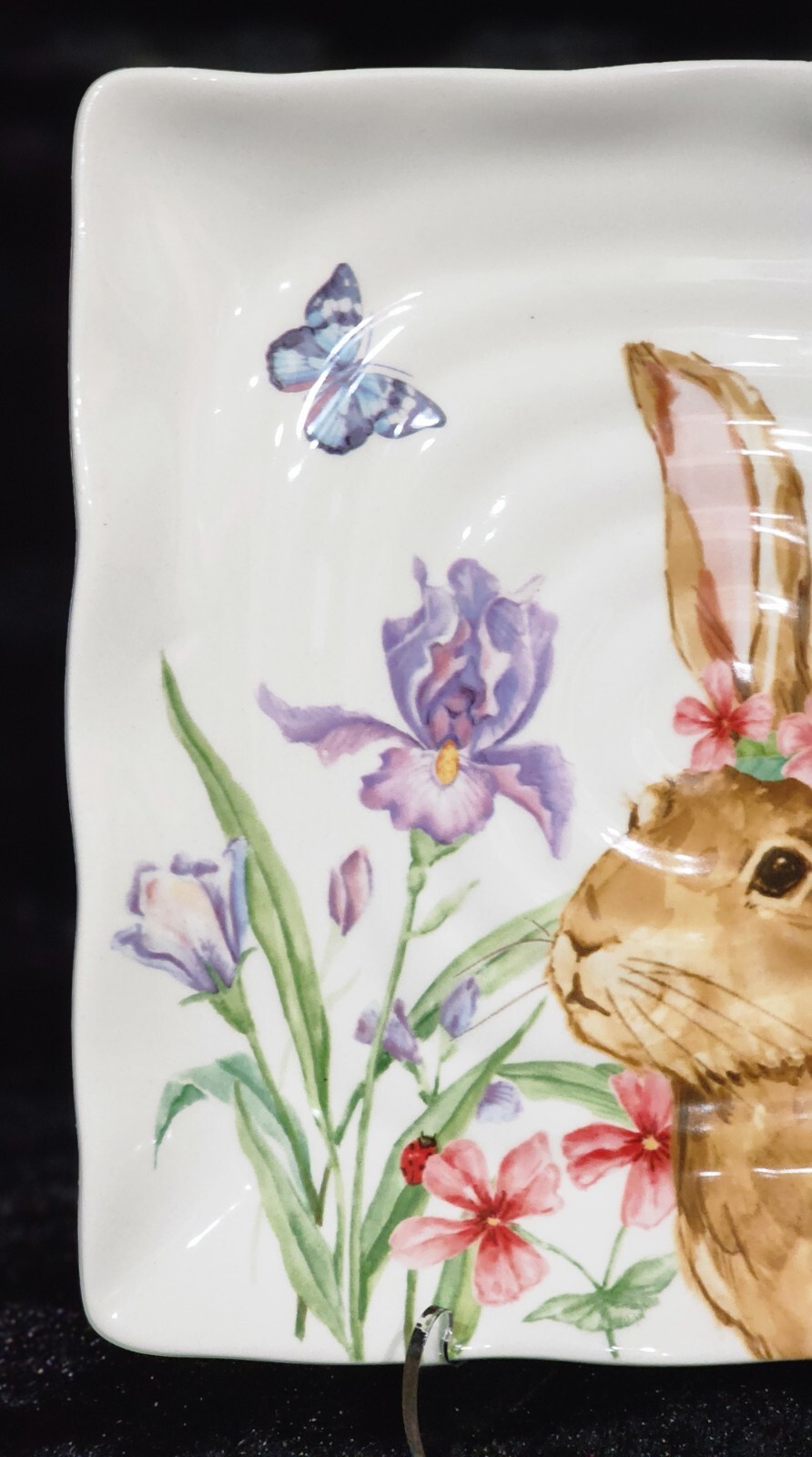 2 Easter Bunny Square Salad Plates Floral 8.75″ Ceramic Maxcera Flower Crown
