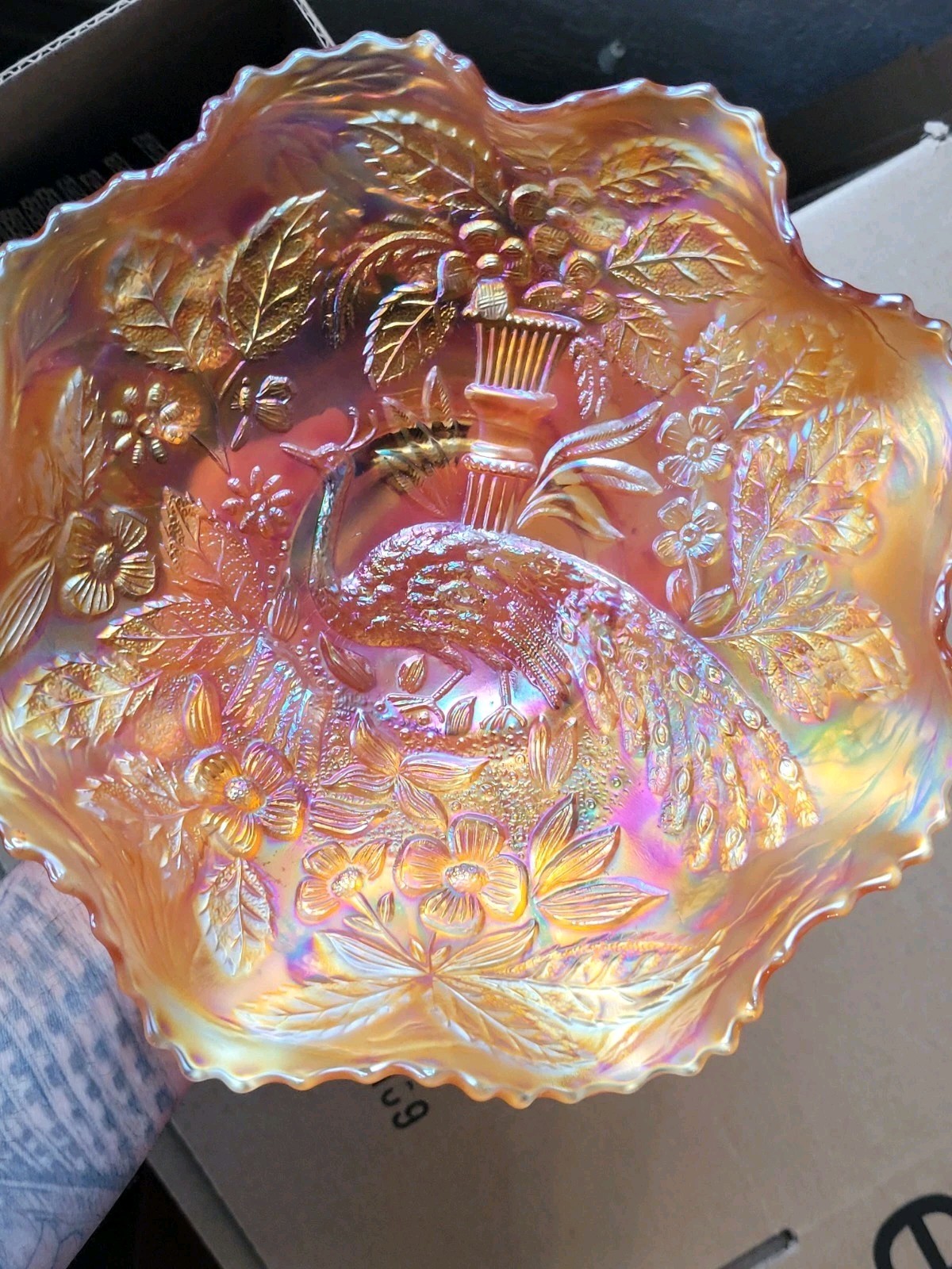 Pretty Dark Marigold Fenton Carnival Glass Peacock & Urn Pattern Bowl