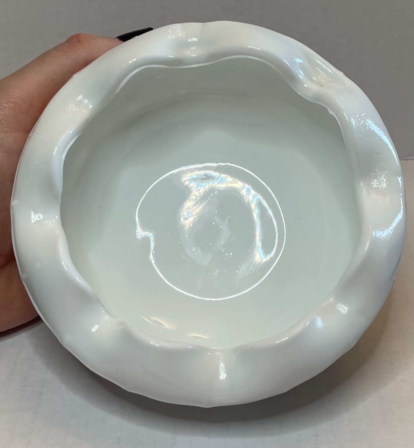 Vtg Indiana Milk Glass Duette Candy Bowl Diamond Quilted Crimped Ruffled Edge