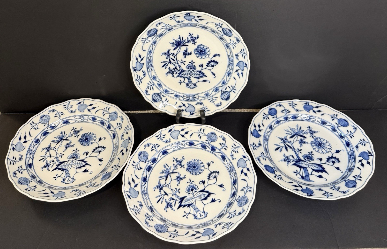 Antique Meissen Blue Onion Dinner Plates Set Blue White Rimmed Sword Backstamp