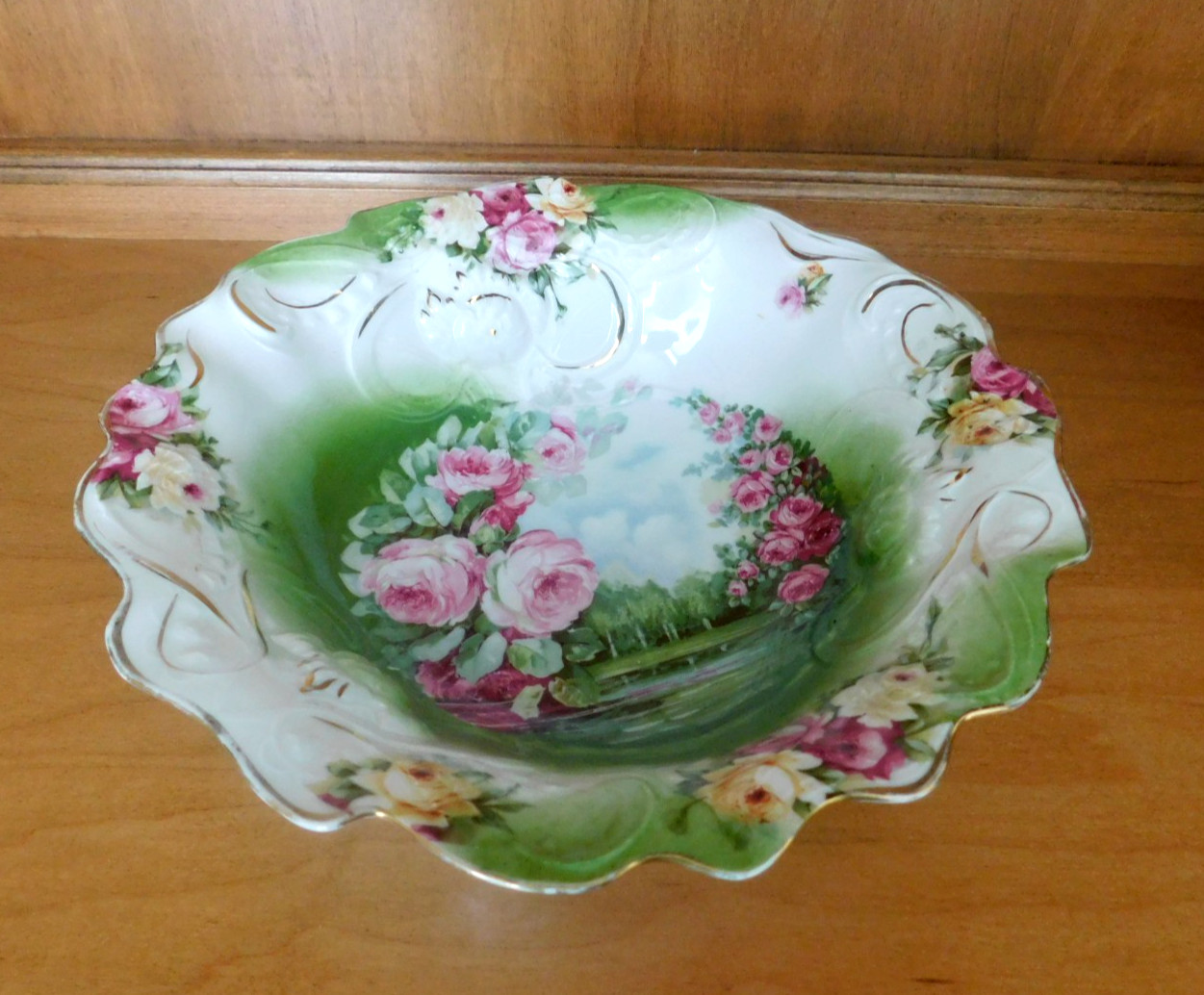 Gorgeous P S Germany Antique Bowl/Floral/ Trees/Ruffle Edges- Antique