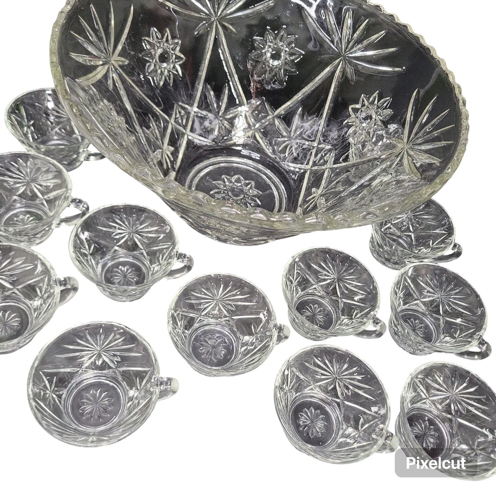 Vintage Glass Punch Bowl & 12 Cups Set
