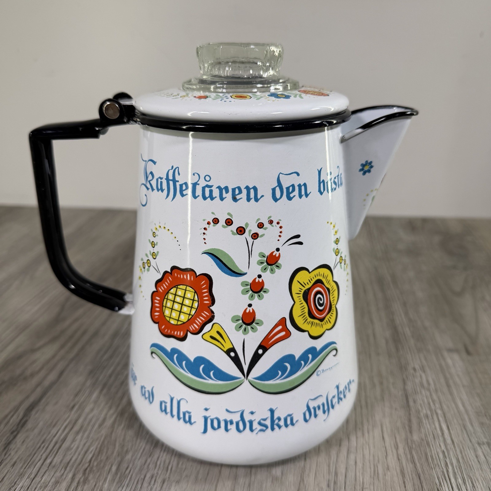 Vintage 1960’s Floral Scandinavian Swedish Berggren Enamel Coffee Pot & 2 Plates