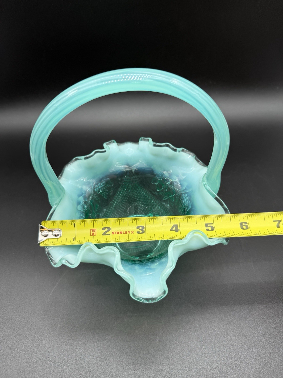 Fenton Three Toed Footed Basket Dish Bowl Aqua Blue Opalescent Grapevines