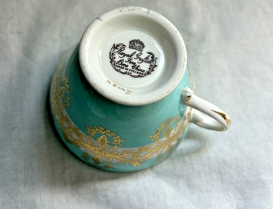 Vintage Royal Grafton Turquoise Gold Fine Bone China Teacup & Saucer England