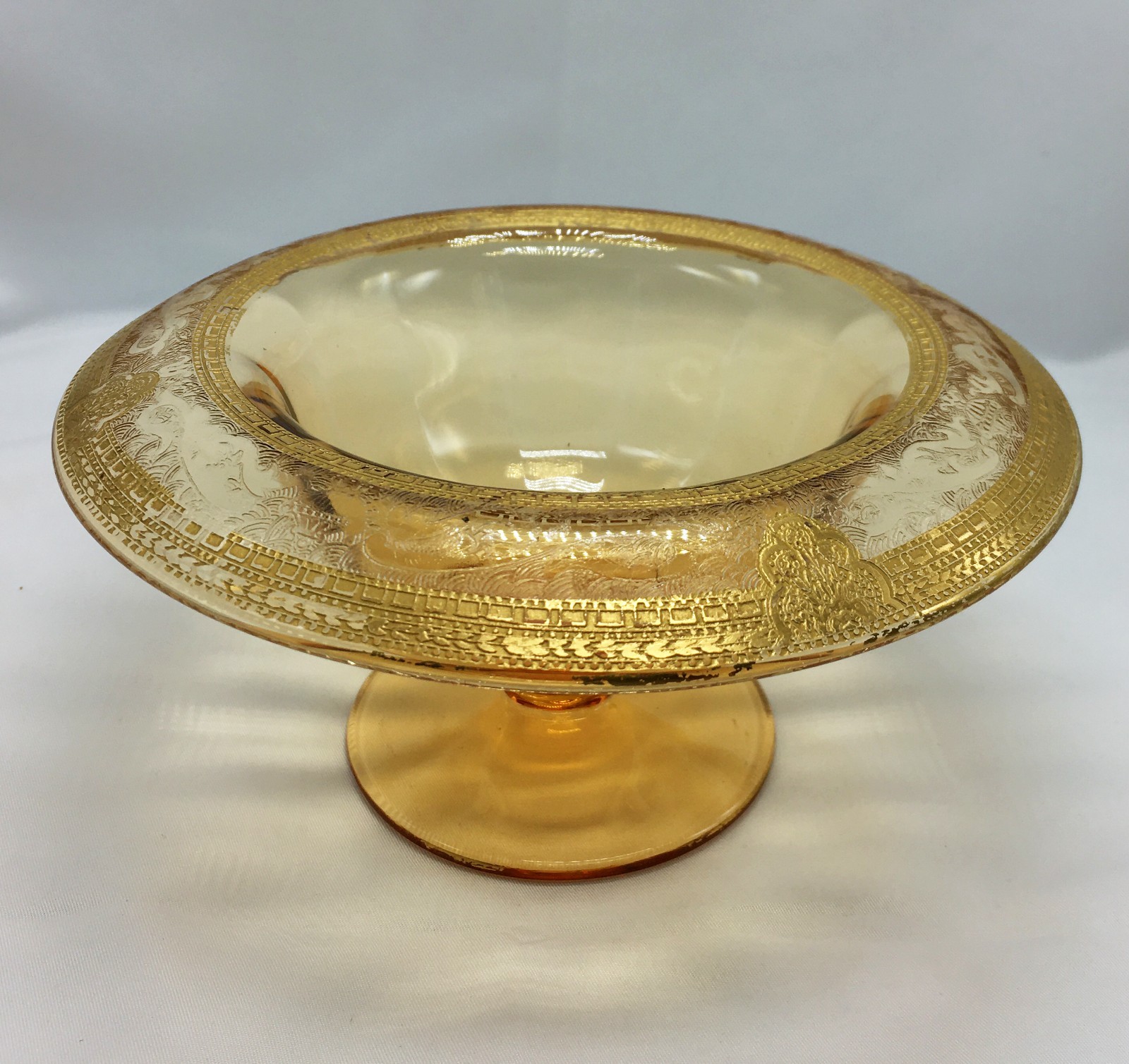 Vintage Amber Glass Pedestal Compote with Rolled Gold Decorative Rim