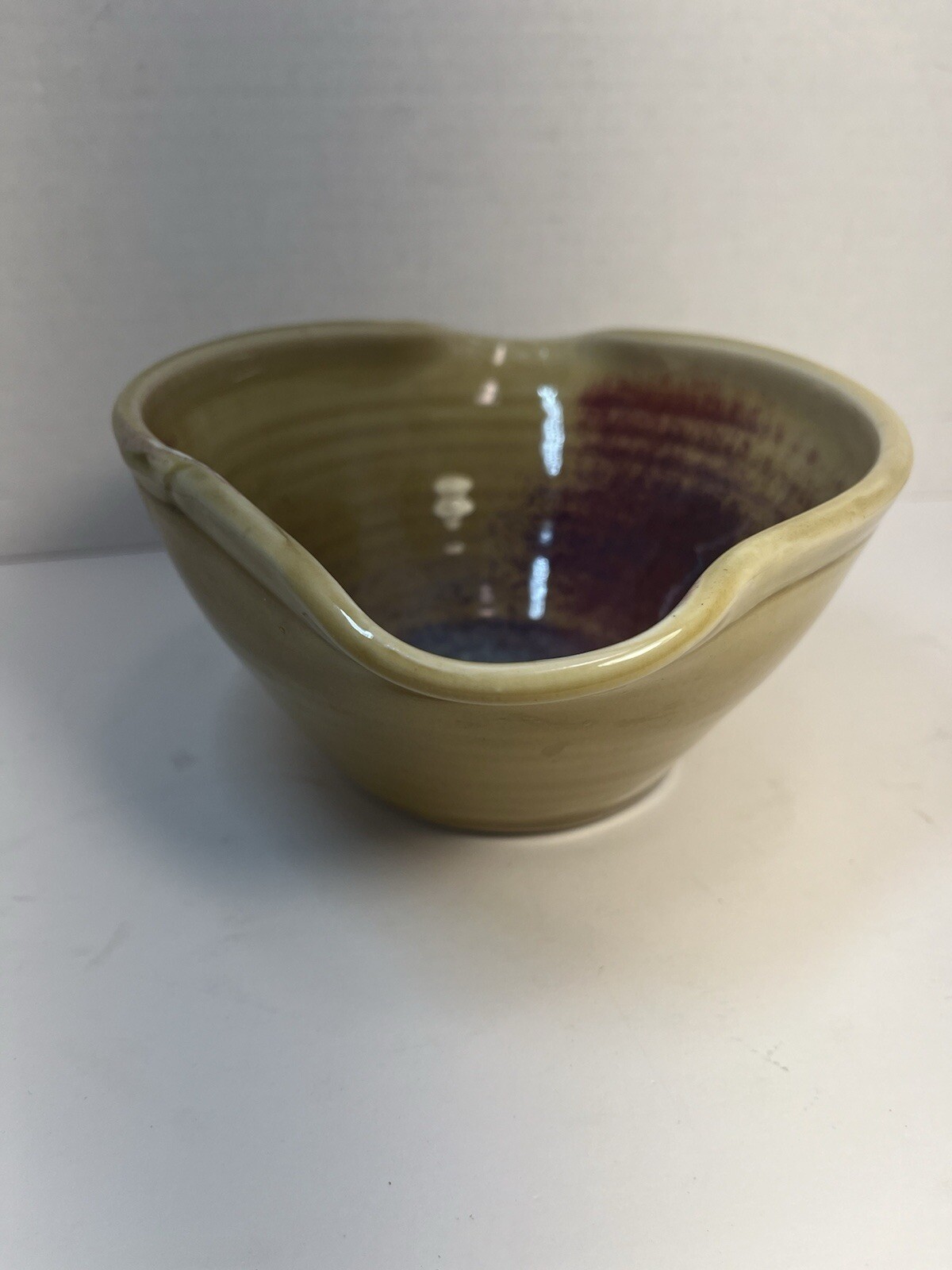 Handmade Asymmetrical Pottery Bowl Glaze Beige Red Signed 7.5 X 3.5 in.