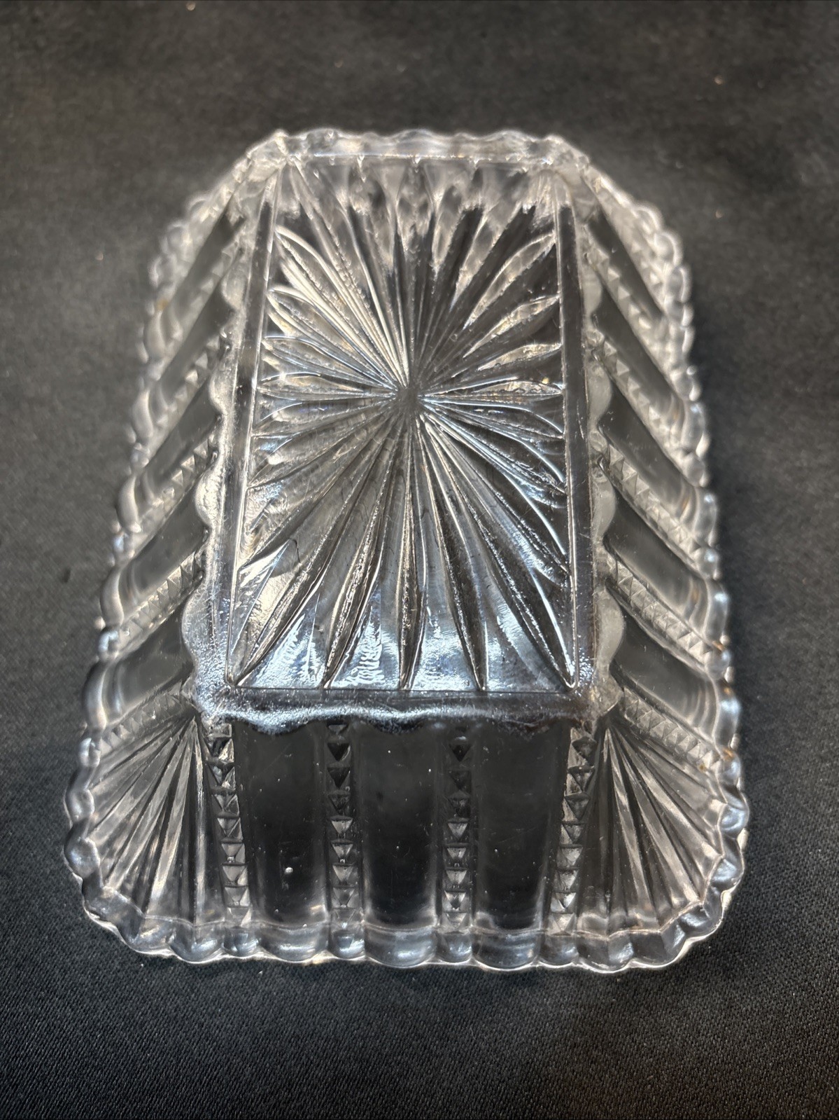 Antique Early 1900’S Pressed Glass Candy Dish Sunburst Clear 7”X5”Rectangular