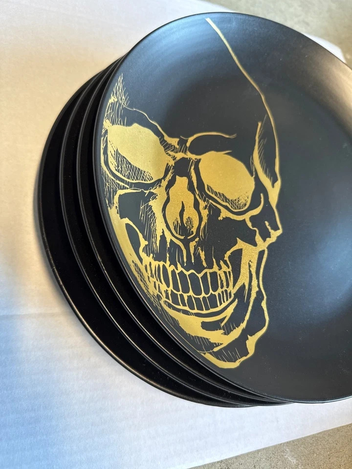 Ciroa Halloween Wicked Skull Gold Black Matte Porcelain Dinner Plates 4 Set