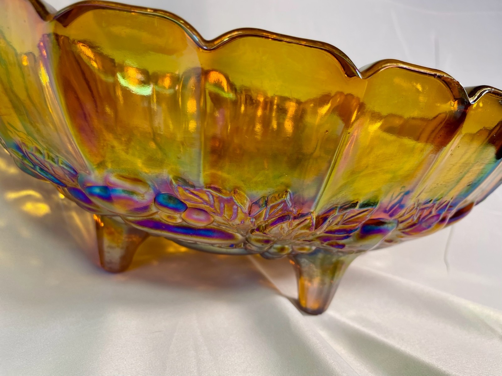 Vintage Carnival Glass Amber Iridescent Fruit Bowl 12” LG Footed Oval Indiana