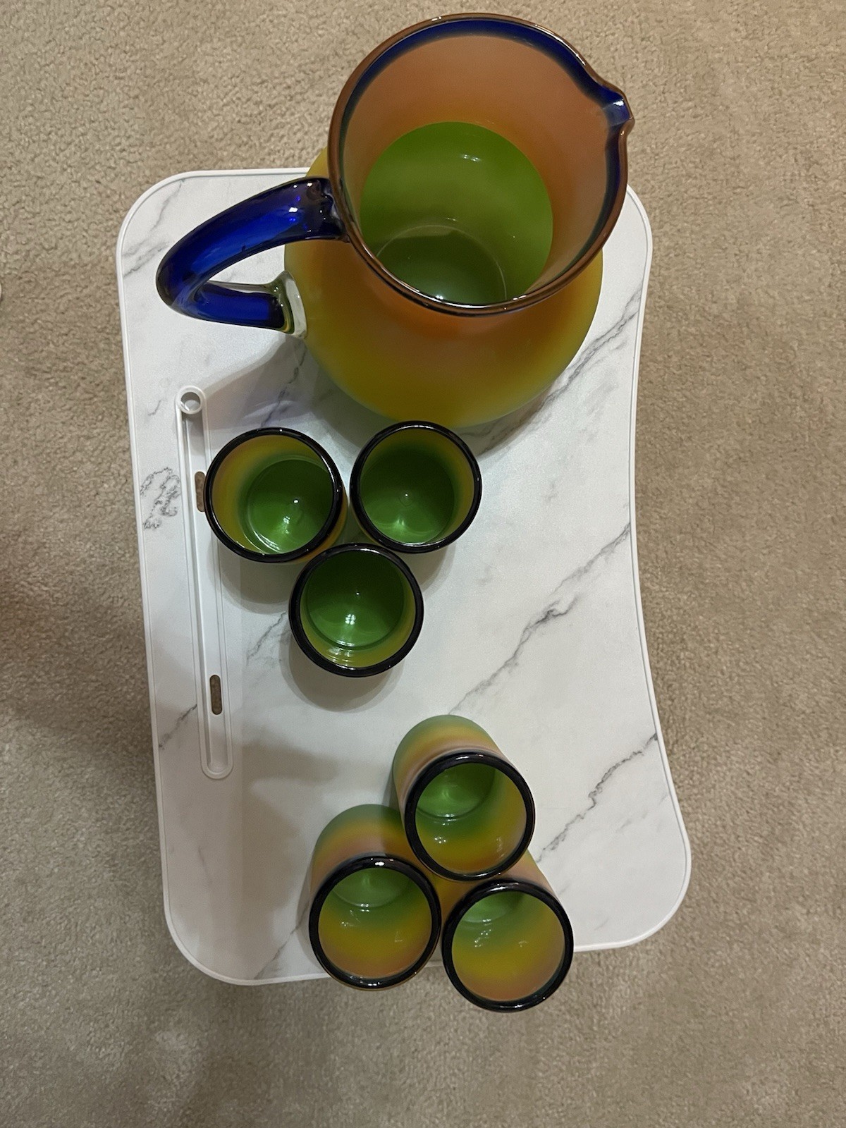 Hand Blown Orange Yellow Green Cobalt Blue trim 6 Tumblers & Pitcher