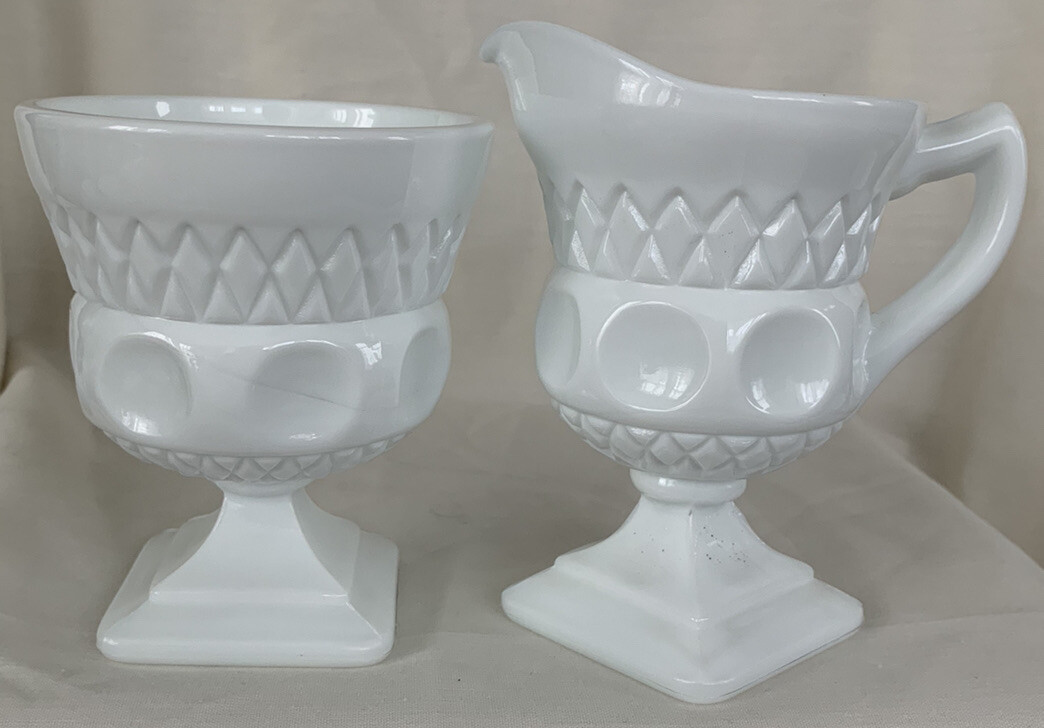 Indiana Kings Crown Thumbprint Milk Glass Set of Creamer and Sugar