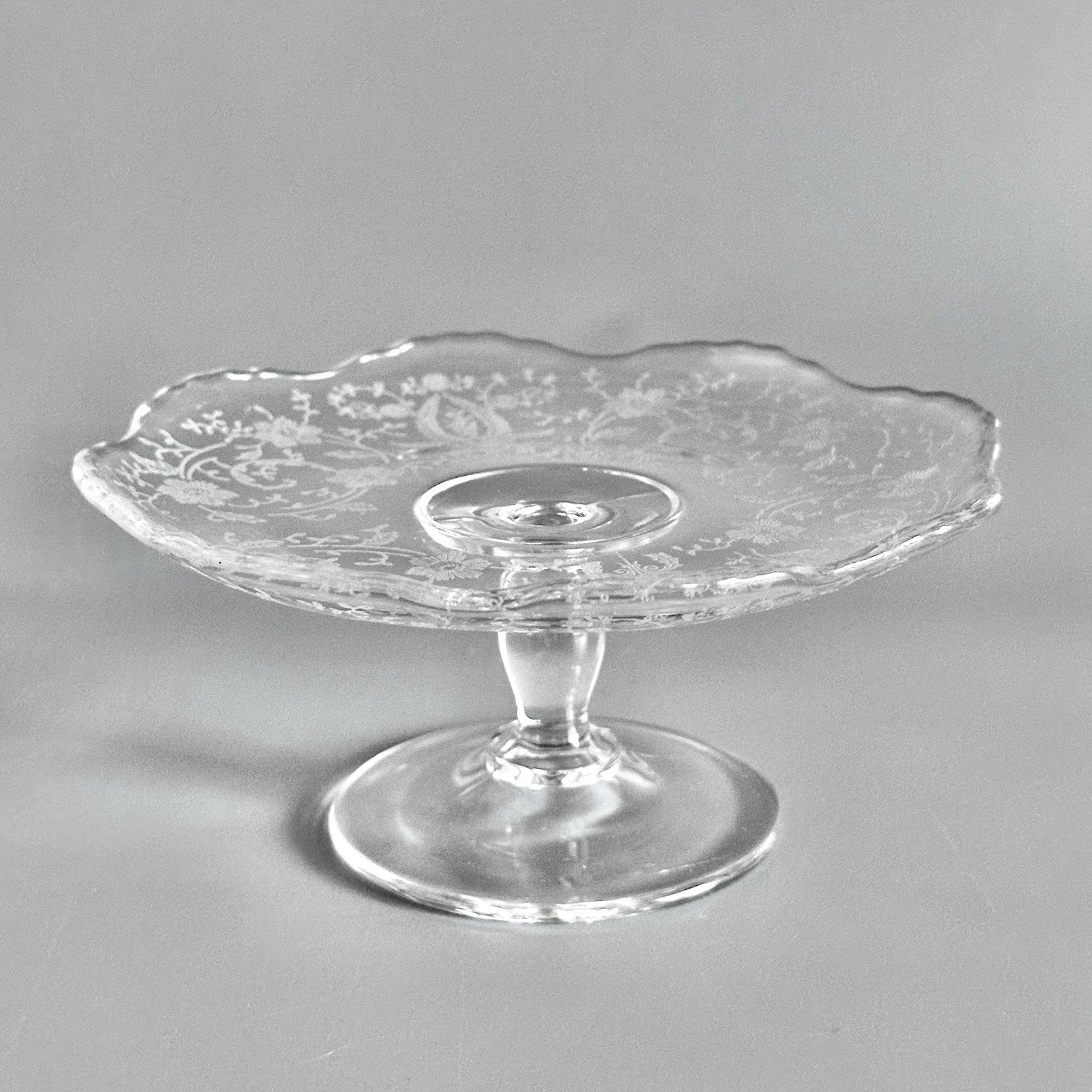 Vintage Etched Clear Glass Small Pedestal Cheese Plate Dessert Footed