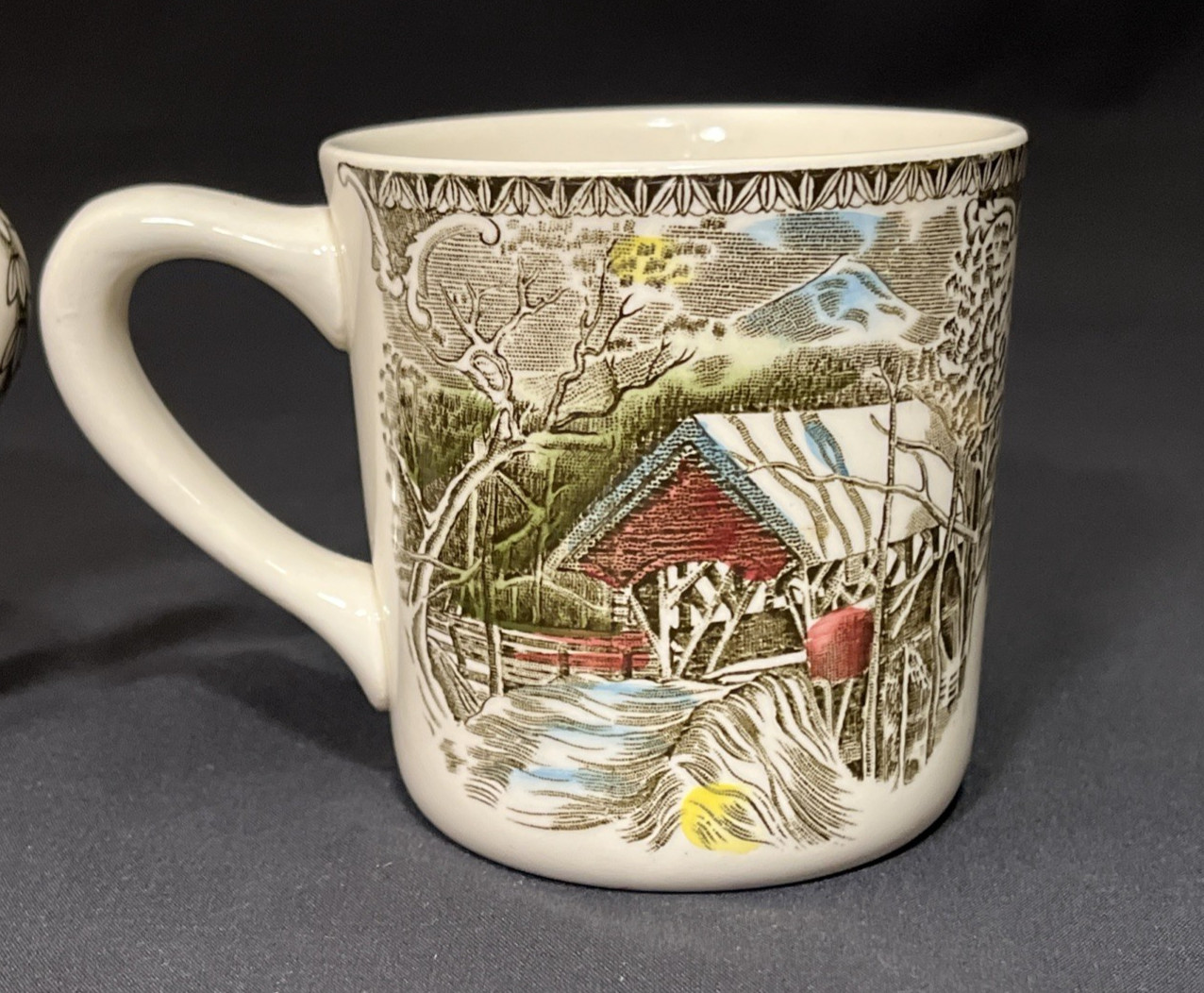 2 Johnson Bros Friendly Village Coffee Cups Mugs Covered Bridge 3.25″ England
