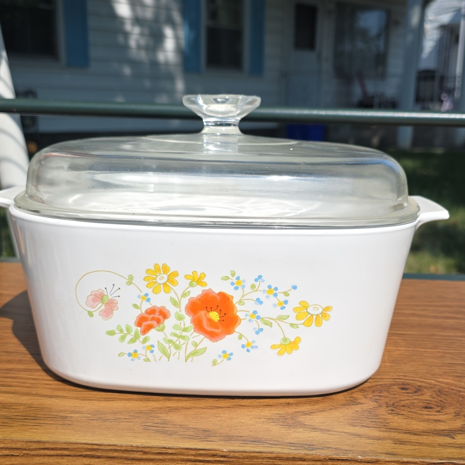 CorningWare White Floral Rectangle Casserole Dish Ceramic Glass Lid Handles