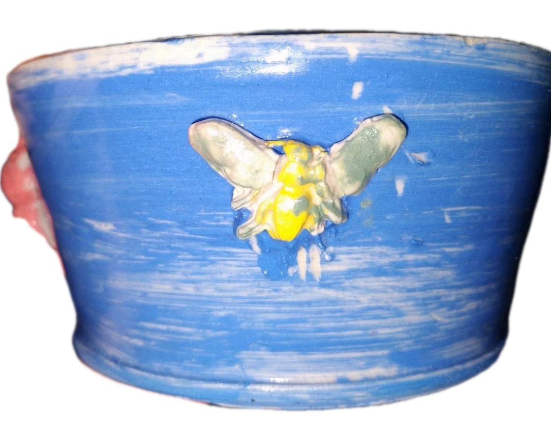 Blue Hand Made Pottery Bowl with Pink,Yellow Flowers & Bee motif 5inch