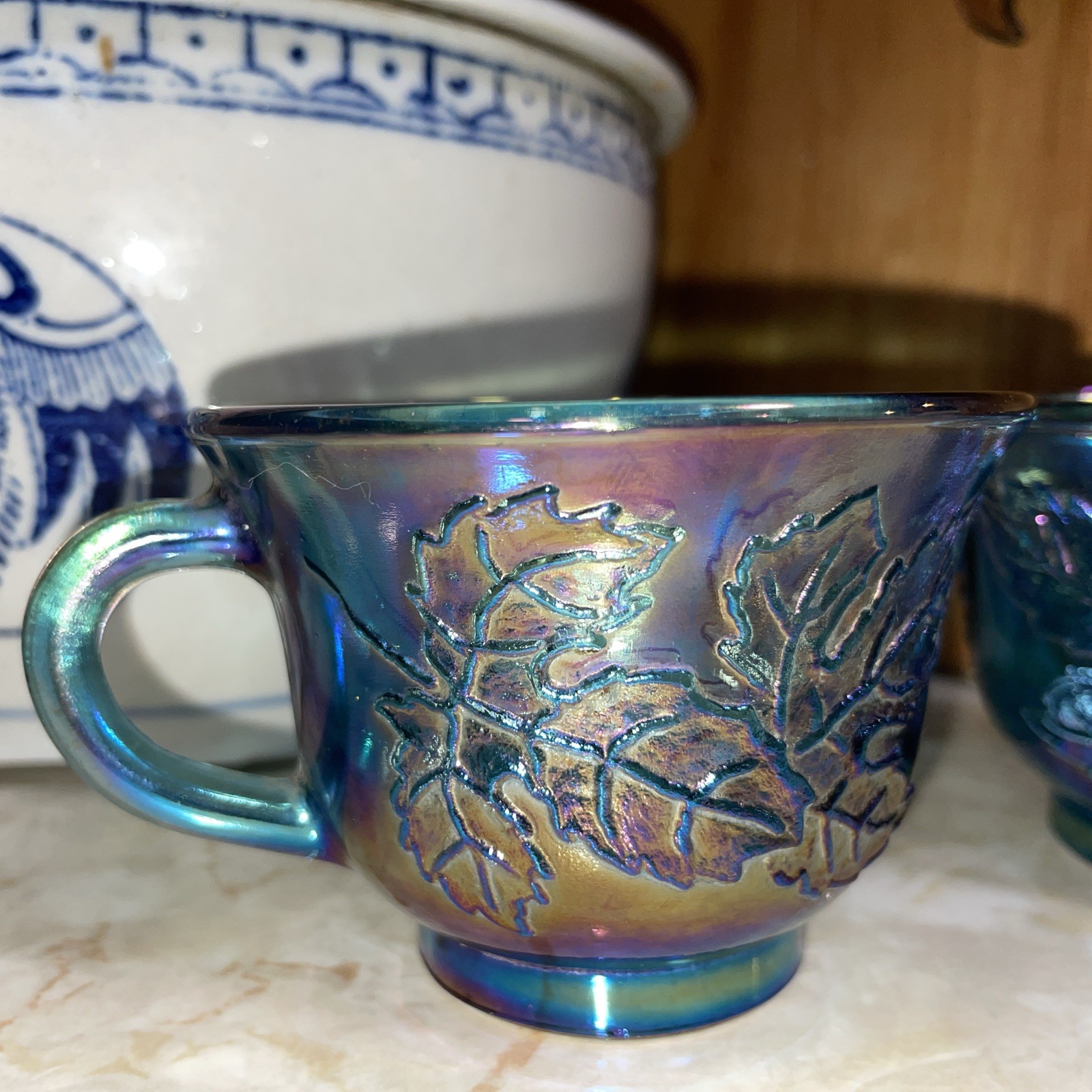 2 – Vintage Iridescent Blue Indiana Carnival Glass Grape Harvest Punch Cups